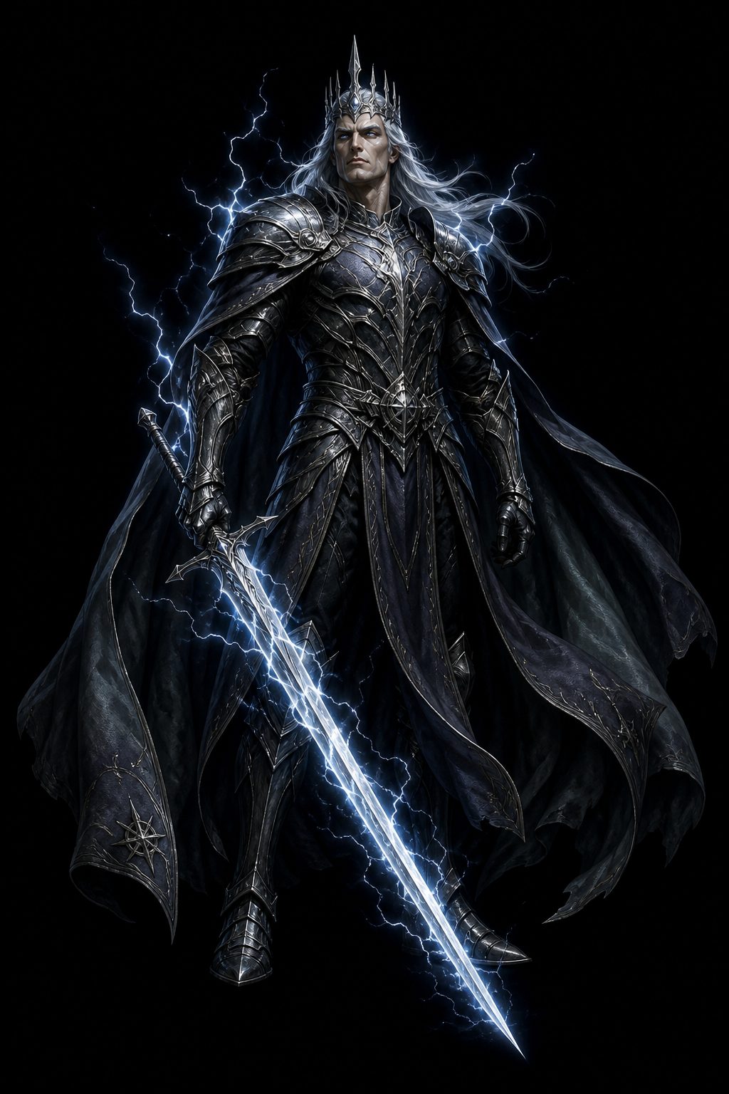 Caelorn, God of Sky, Order and Law, a crowned figure in dark plate armour holding a lightning-wreathed greatsword
