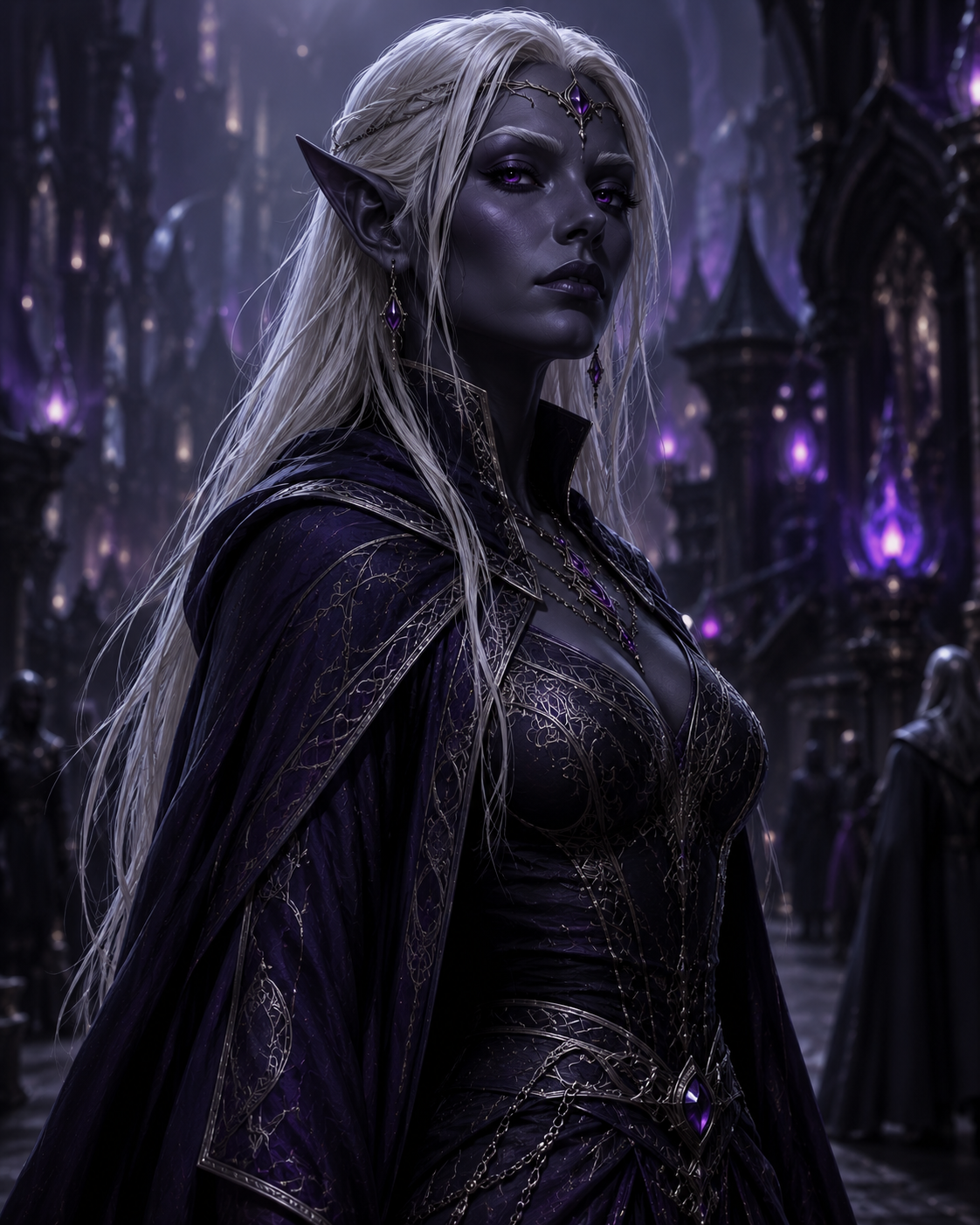 Drisala, Jexi's dark elf guise: a white-haired violet-skinned elf in a purple-lit underground city