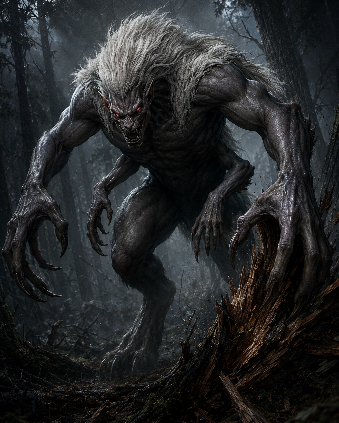 Abraxoth, a grey-furred beast with a white mane and long claws, stalking through a dark forest