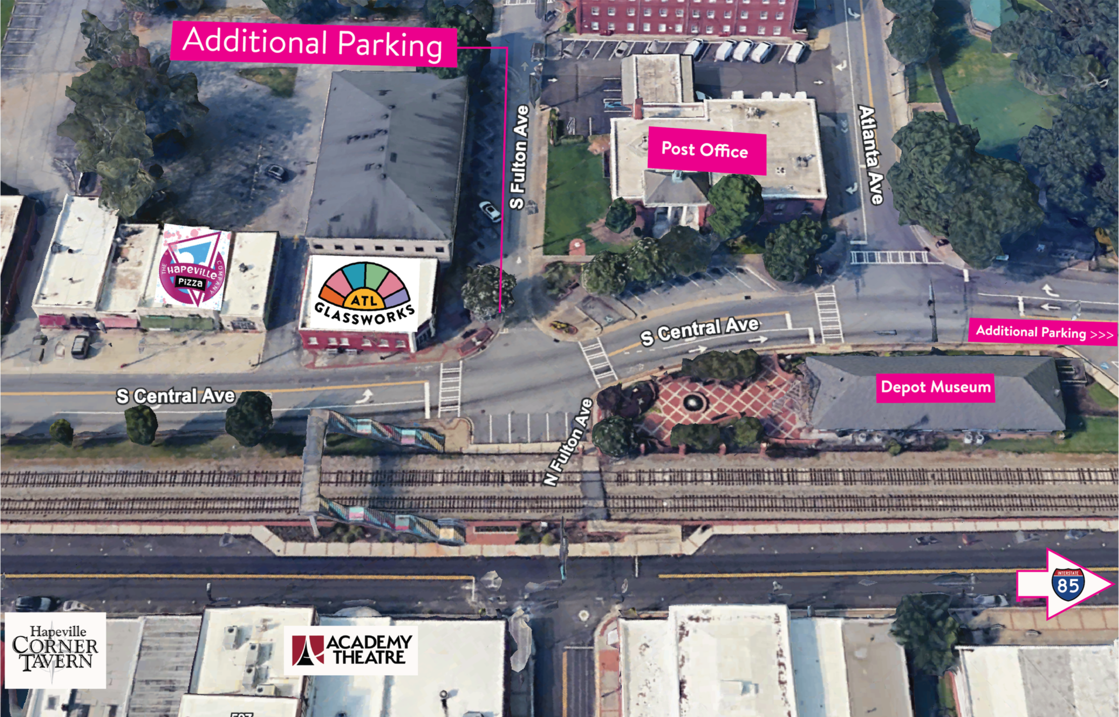 Map of ATL Glassworks and surrounding businesses and parking in Hapeville GA