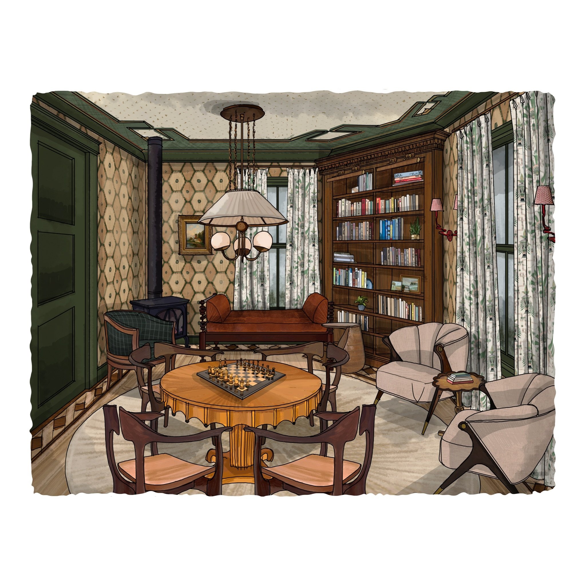 Moody, saturated, and sophisticated. A library designed to perfection featuring rich wood tones, stunning antiques, warmth and fantastic textures. We love the shape and uniqueness of each and every selection. @scheerandco &mdash; AMAZING design! Also