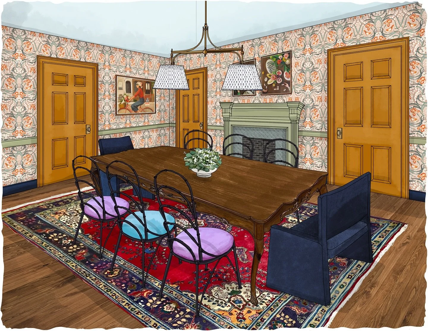 Who could use a little color in their corner? Designed by @kristenmccory for @eighteenthcenturystephens, this dining room radiates both charm and history with a color story that feels lively yet grounded. Patterned wallpaper, layered textiles, and un