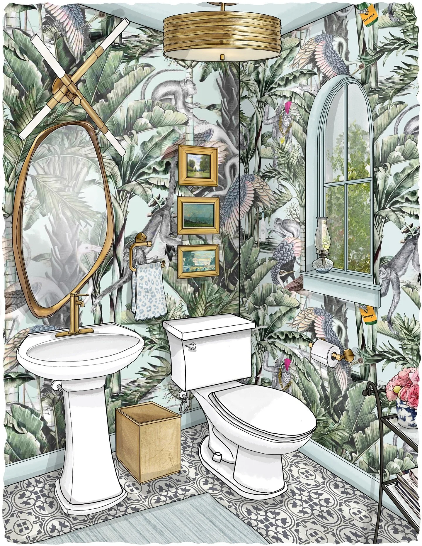 @cyndihopkinsdesign— you’ve mastered THE powder room and rendering these little jewel boxes of bathroom gorgeousness simply makes us smile. Yes, yes, yes!
.
Hand Drawn Rendering ✍🏻 @amyarchambaultstudio
.
#wallpaperwelove #renderingartis