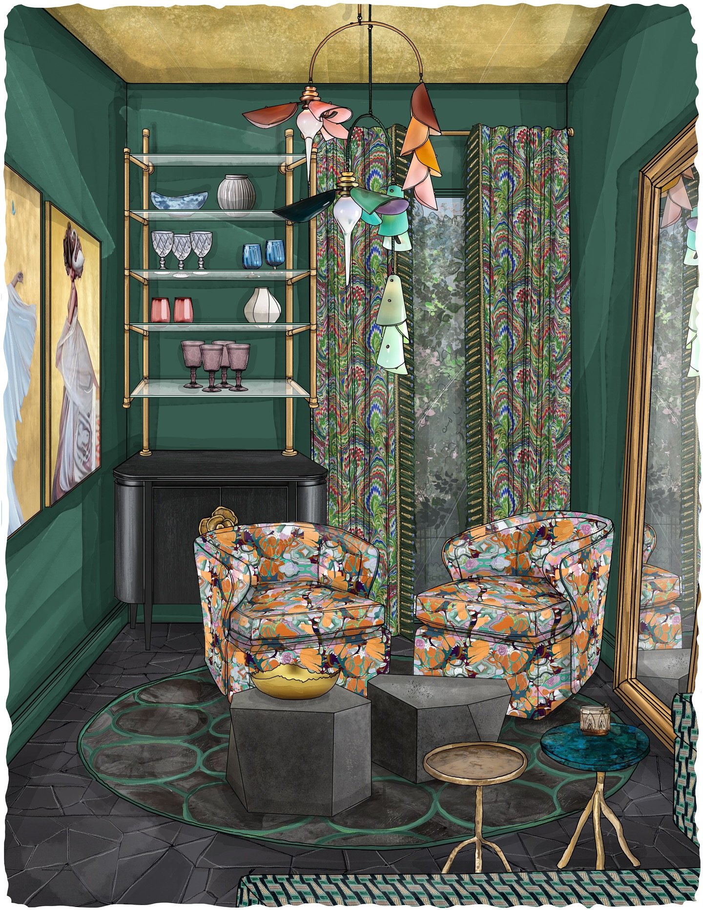 An honor to illustrate &ldquo;The Emerald Room&rdquo; for Kips Bay Decorator Show House designer Design by Tula. This space is a masterclass in layered creativity&mdash; hand painted accents, shimmering details, expressive patterns, sculptural lighti