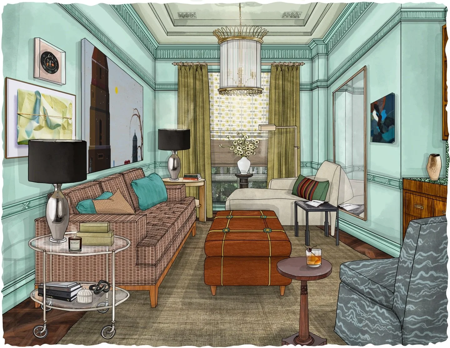 Welcome to &ldquo;The Listening Lounge&rdquo;&mdash; iconic, layered, and grounded in a balance of elegance and modern flare. Wrapped in that lush blue-green that feels both smooth and energetic, this room invites you to pause, listen, and take in ev