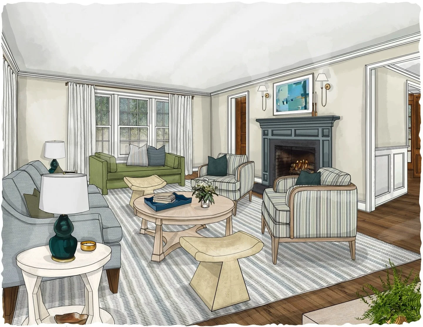 February&mdash; how have you already arrived!? Leaning into warm and lived-in Living Room designs like this stunning curation of space by Dunn Designs. Tailored upholstery, softened stripes, and a calm, collected palette come together around a classi