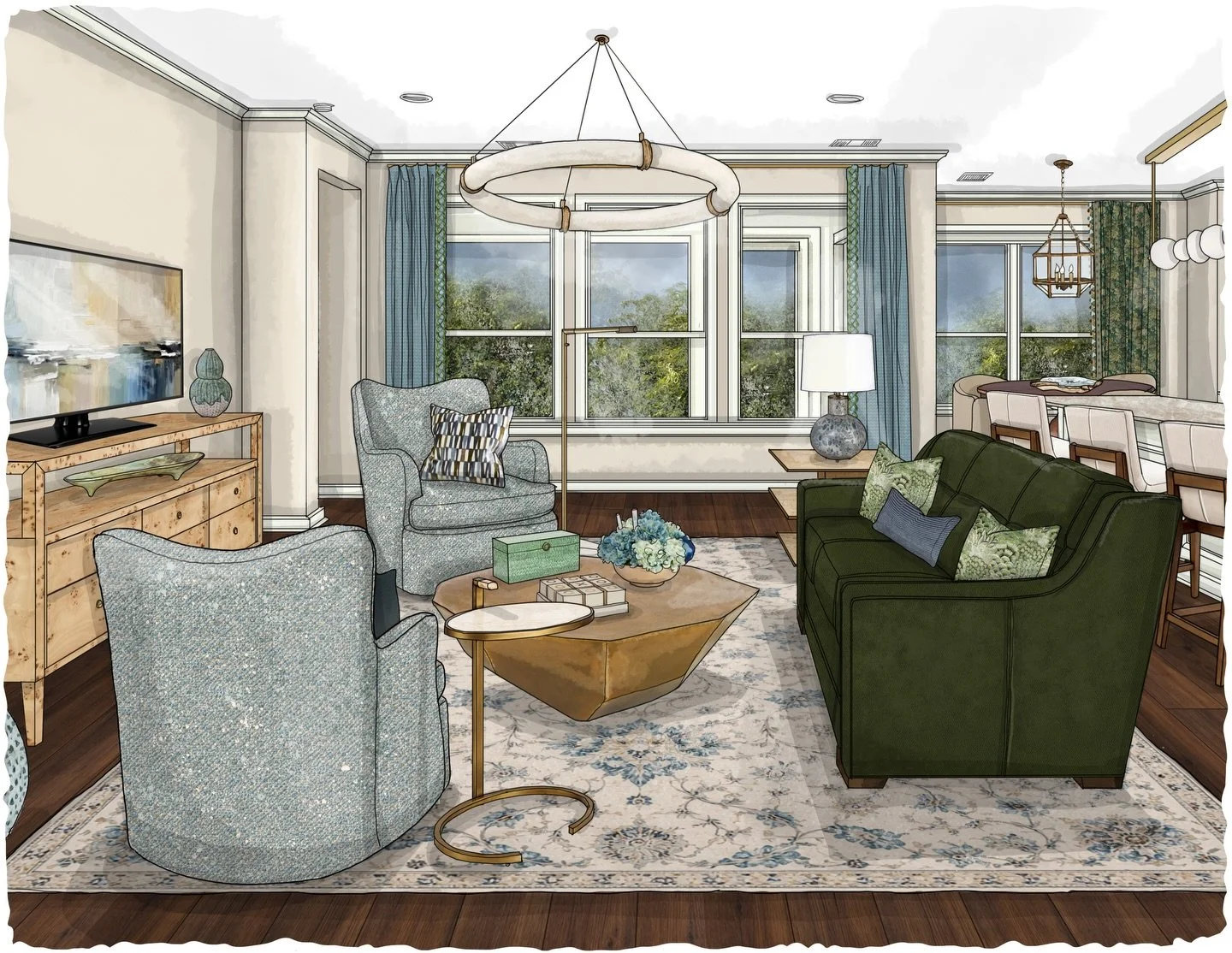 Contemporary accents, rich cool color tones, layered textures, and timeless pattern play&mdash; this custom hand drawn rendering captures a design that feels both classic and luxuriously collected all at once. From the sculptural furnishings to the t