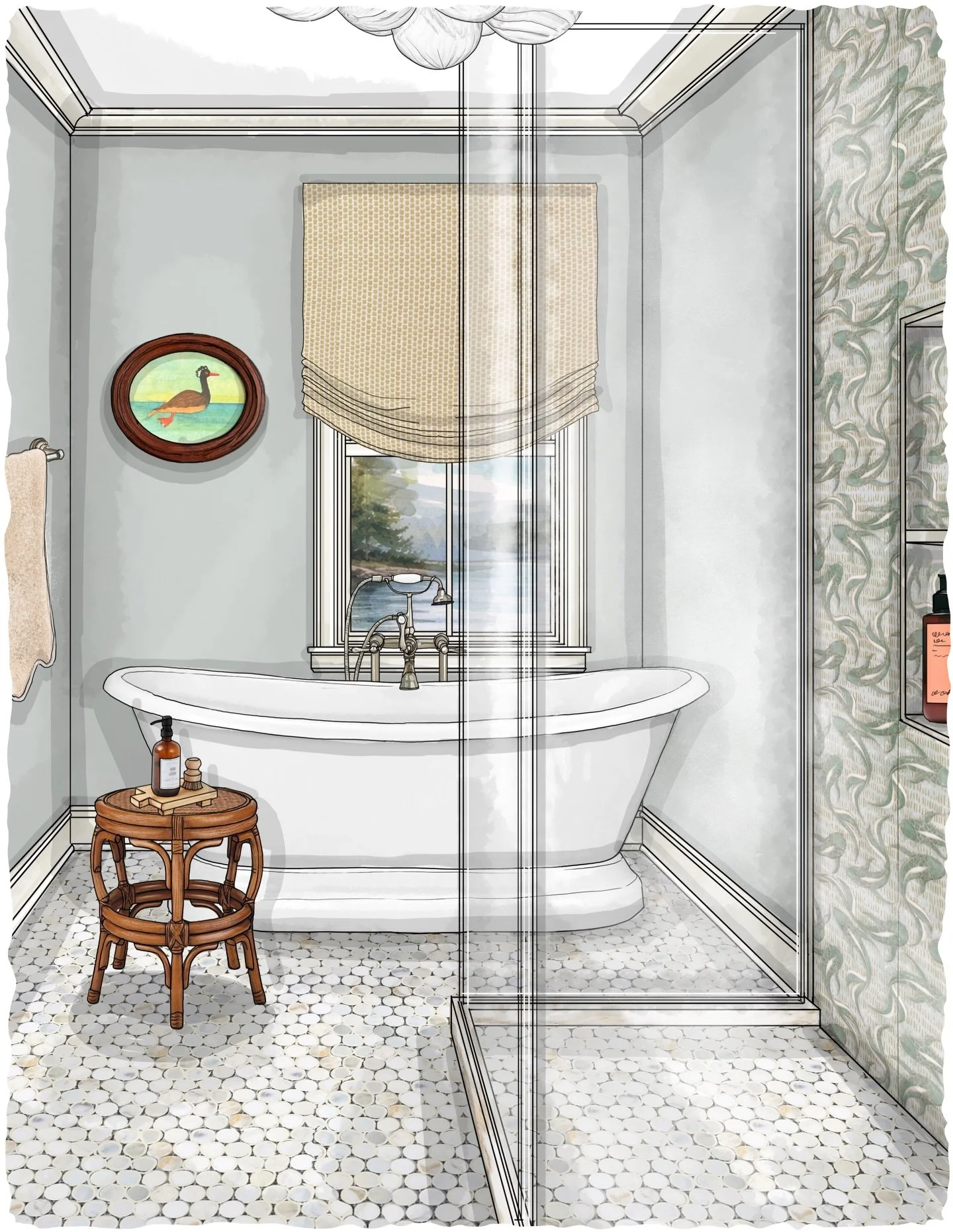 A calm, collected primary bath layered with timeless materials and thoughtful detail. Warm wood tones, marble mosaic floors, brushed brass accents, and soft natural light come together to create a space that feels elevated, inviting, and effortlessly