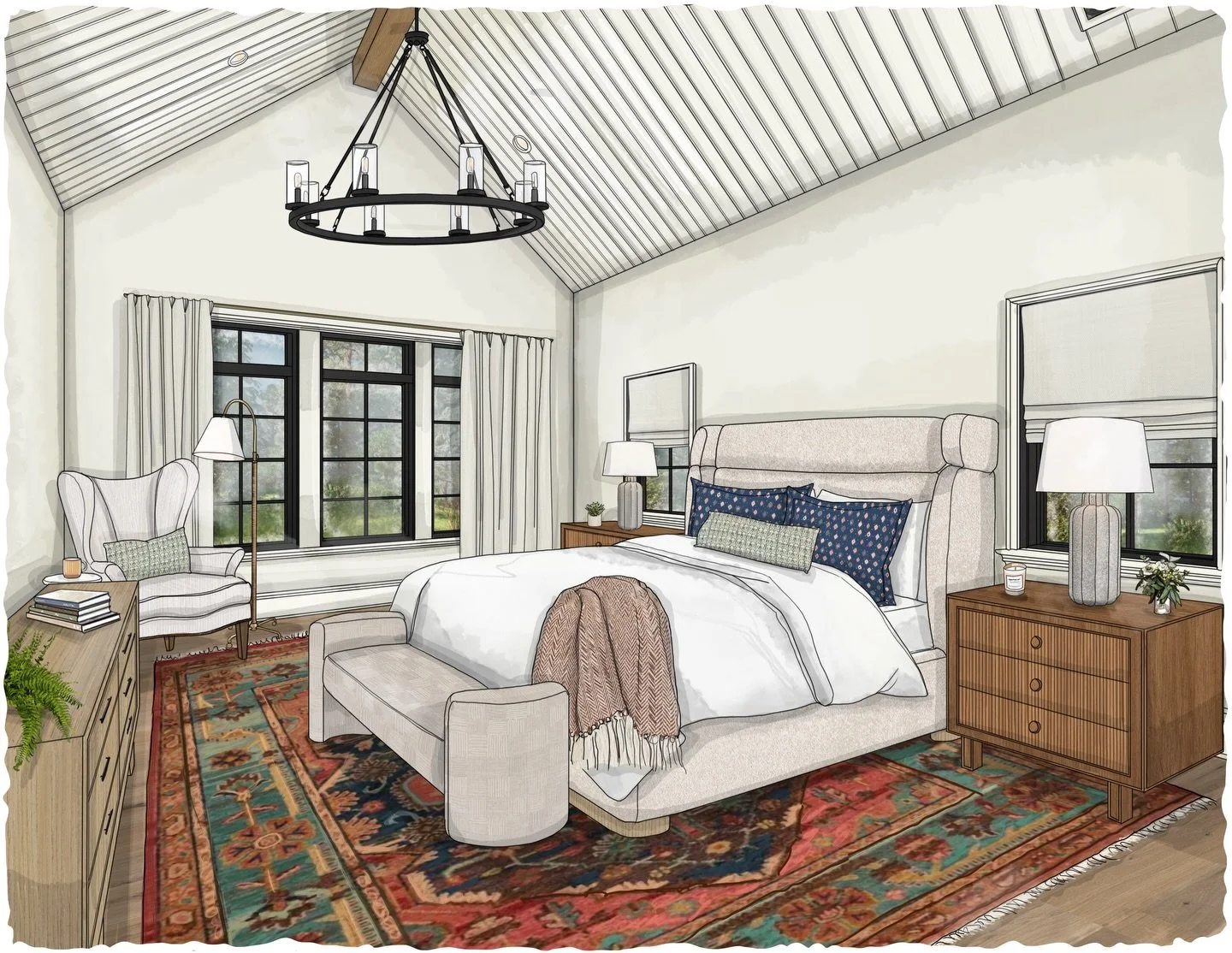 Soft textures, warm wood tones, and thoughtfully layered details come together to create a retreat that feels both refined and deeply livable. Designed with comfort, luxury, and everyday ease in mind, this bedroom designed by Kara Cox Interiors invit