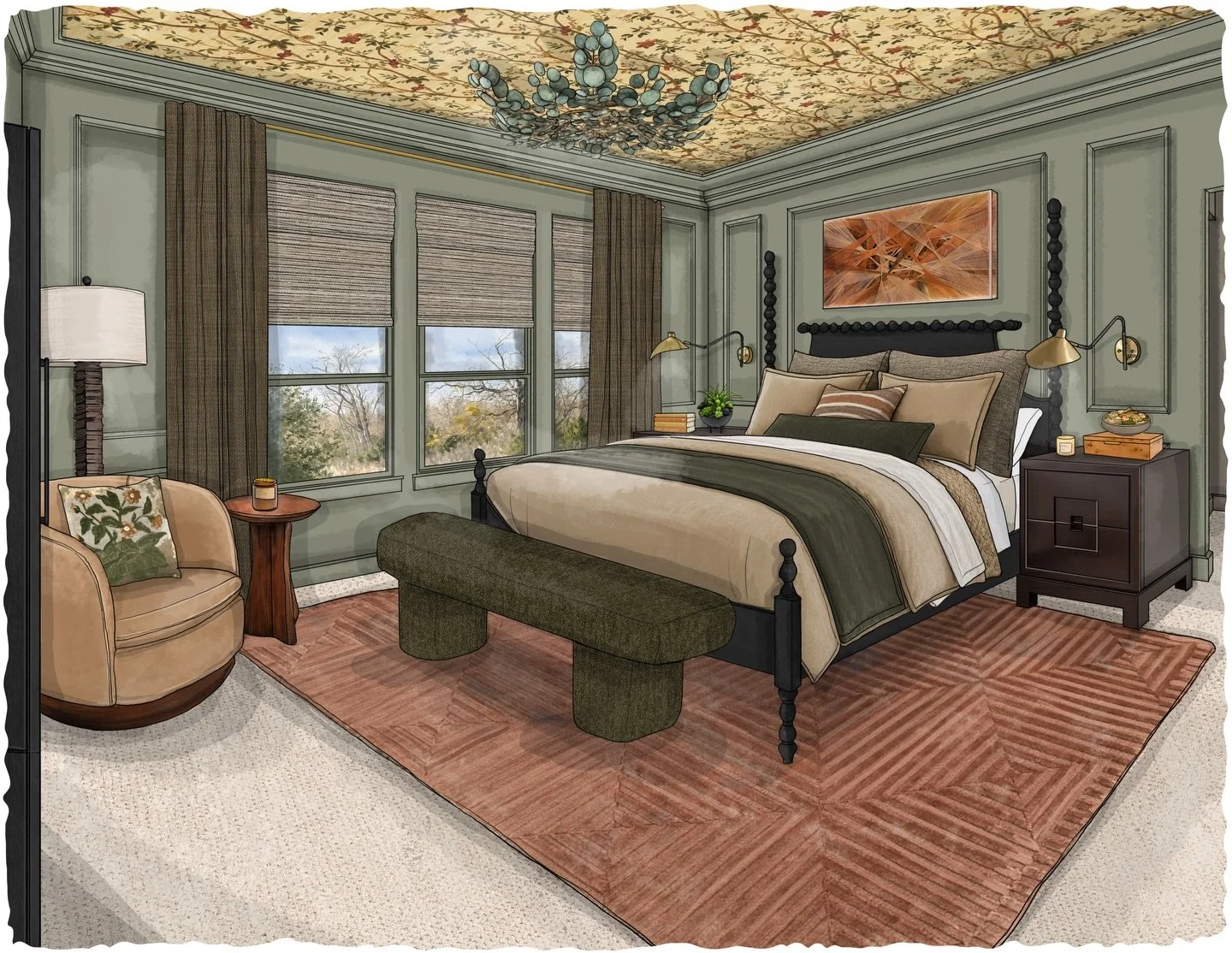 Mondays are for RENDERINGS. Loving everything about this primary bedroom designed by Cyndi Hopkins Design&mdash; layered with warmth, elegance, and natural elements that blend interior and exterior to perfection. STUNNING&mdash; always!
.
Hand Drawn 