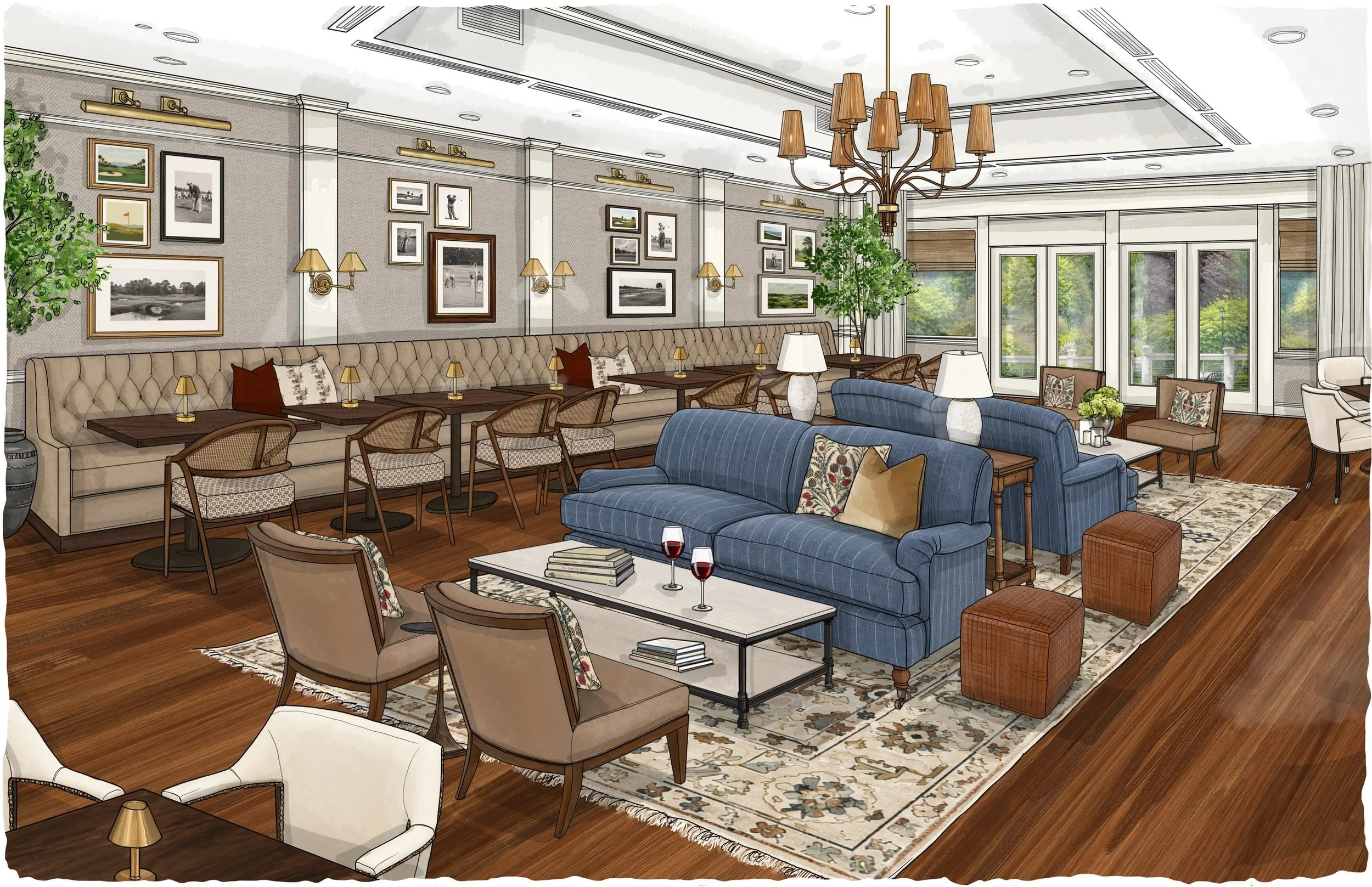 A vision becomes easier to choose when you can see it.

This series of hand drawn interior renderings explores multiple design directions for a country club renovation; exploring lounge-centered vs. dining-focused layouts. With expansive rooms and la