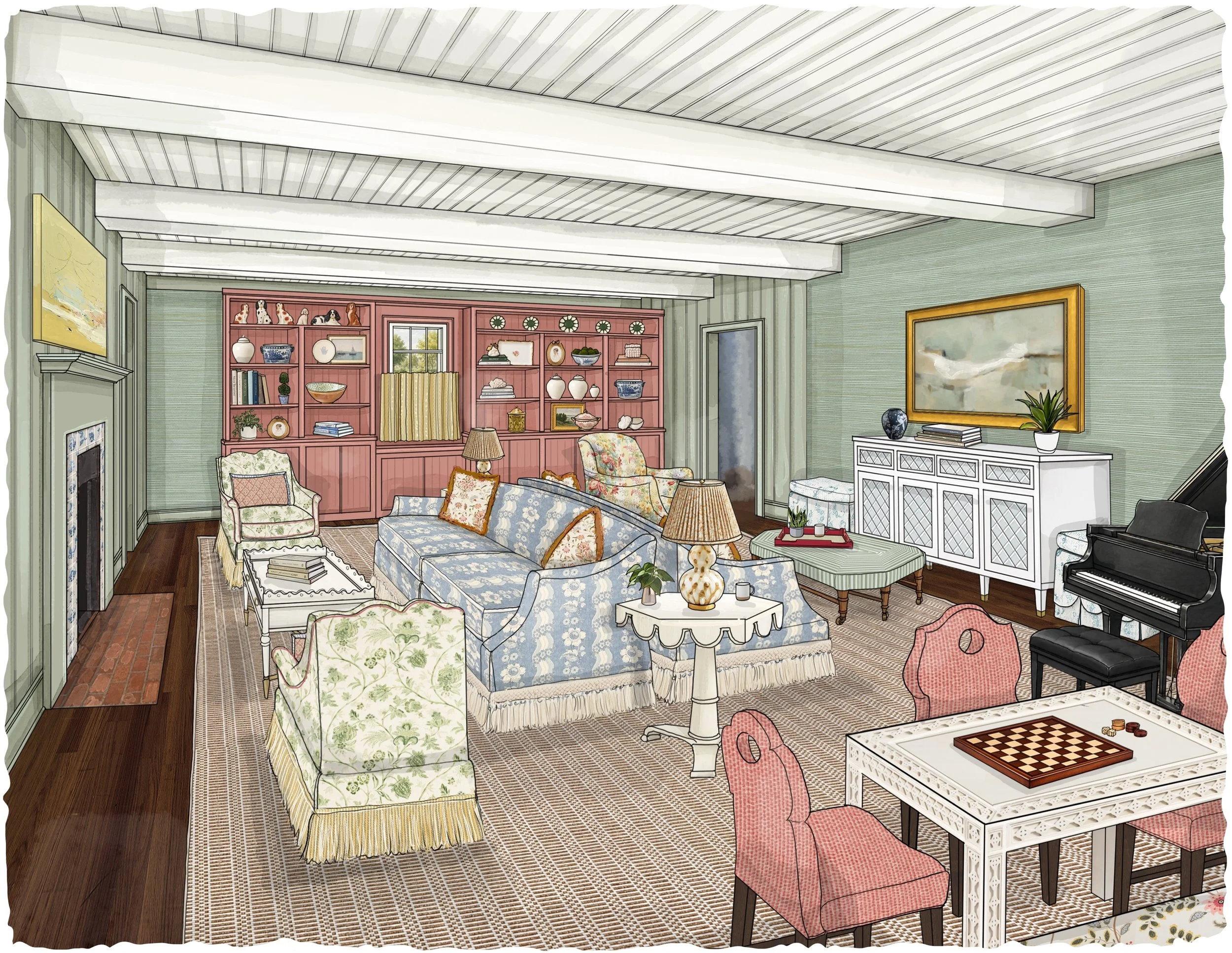 Traditional living room charm&mdash; layered with color, pattern, and personality.

This hand drawn rendering for Wonderwhim Co Interiors brings together two distinct seating areas, a cozy game table, a transformed built-in, sculpturally delightful a