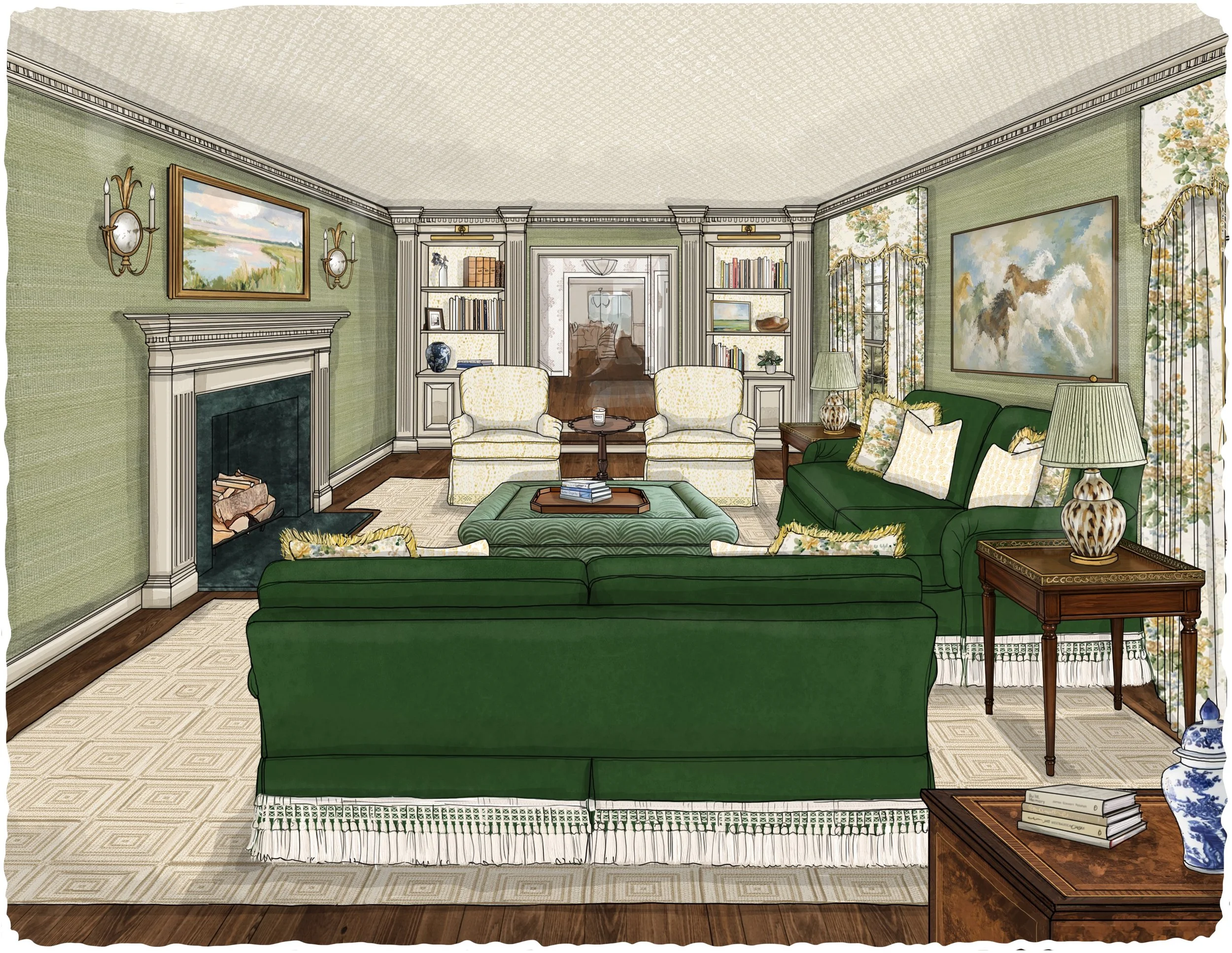 Our Fridays are layered with exquisite intention. Classically green, timeless and beautifully collected&mdash; where every detail adds depth, character, and a sense of effortless elegance.

A hand drawn glimpse of a space designed to feel collected, 