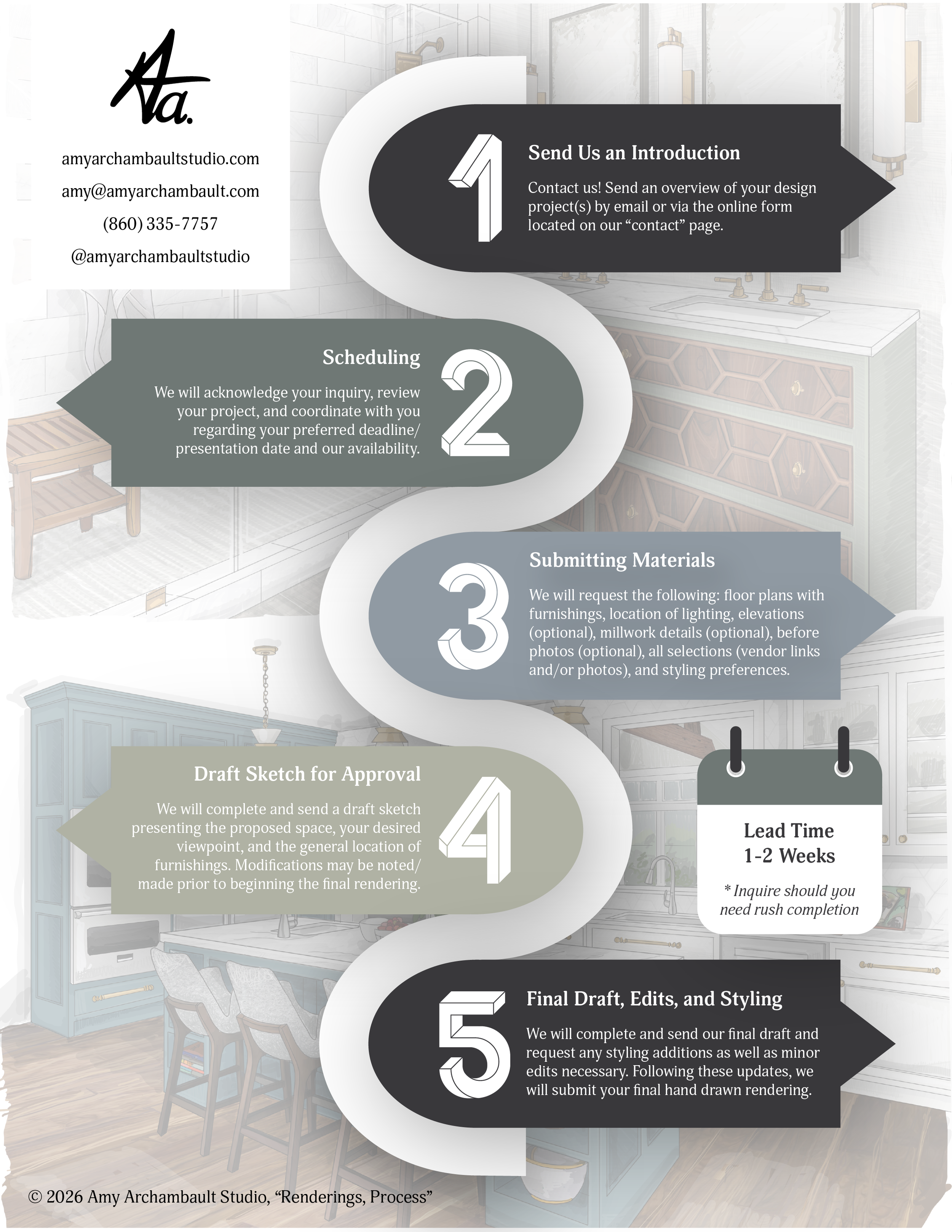 Amy Archambault Studio | Process | Pricing | Hand Drawn Renderings | Rendering Artist | Interior Design | 3d Renderings | Drawing | Artist | Interior Design Resources | Design Concept | Presentation Materials | Rendering