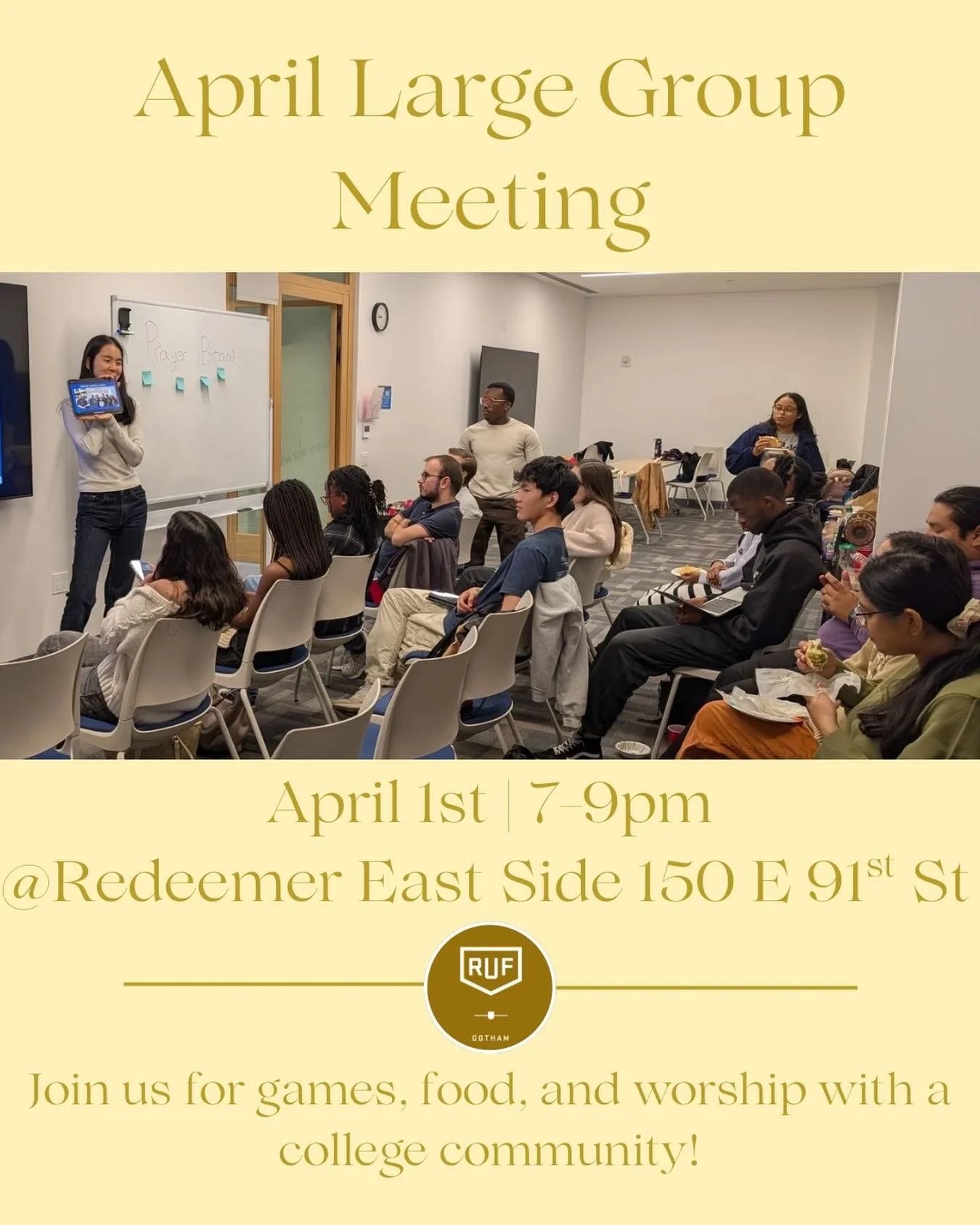Sign ups for our next large group meeting on April 1st from 7-9pm at Redeemer East Side are now open! 

Join us for games, food and fellowship. RSVP link in bio.
The last day to RSVP is Monday, March 30th. Can&rsquo;t wait to see you there! 

#gotham