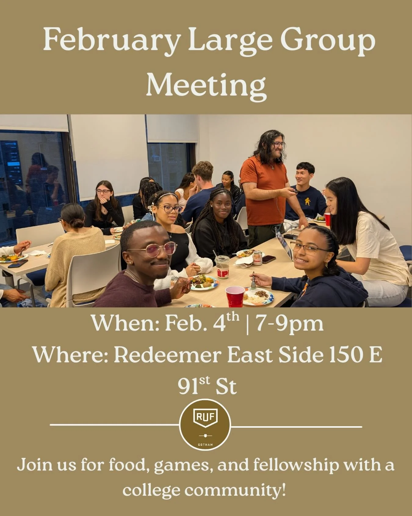 Join us for our first large group meeting of 2026 on Wednesday, February 4th from 7-9pm at Redeemer East Side!

RSVP by Monday, February 2nd using the Google Form link in bio. Join us for a night of fellowship, games, and quality time with a college 
