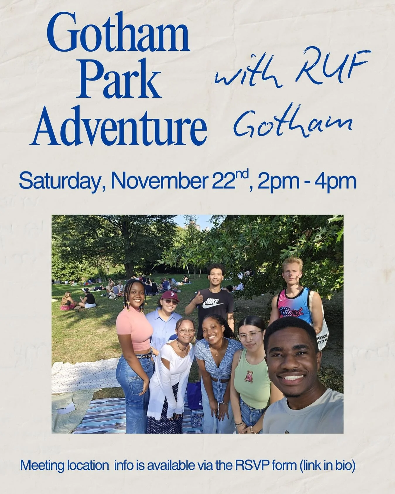 SOCIAL EVENT IN 10 DAYS! RSVP REQUIRED (deadline is November 20th)!
Do you want to participate in a fun event after midterm season? 😆
If so, join RUF Gotham at Gotham Park at 1 Rose Street in downtown Manhattan on November 22nd from 2pm to 4pm! You 