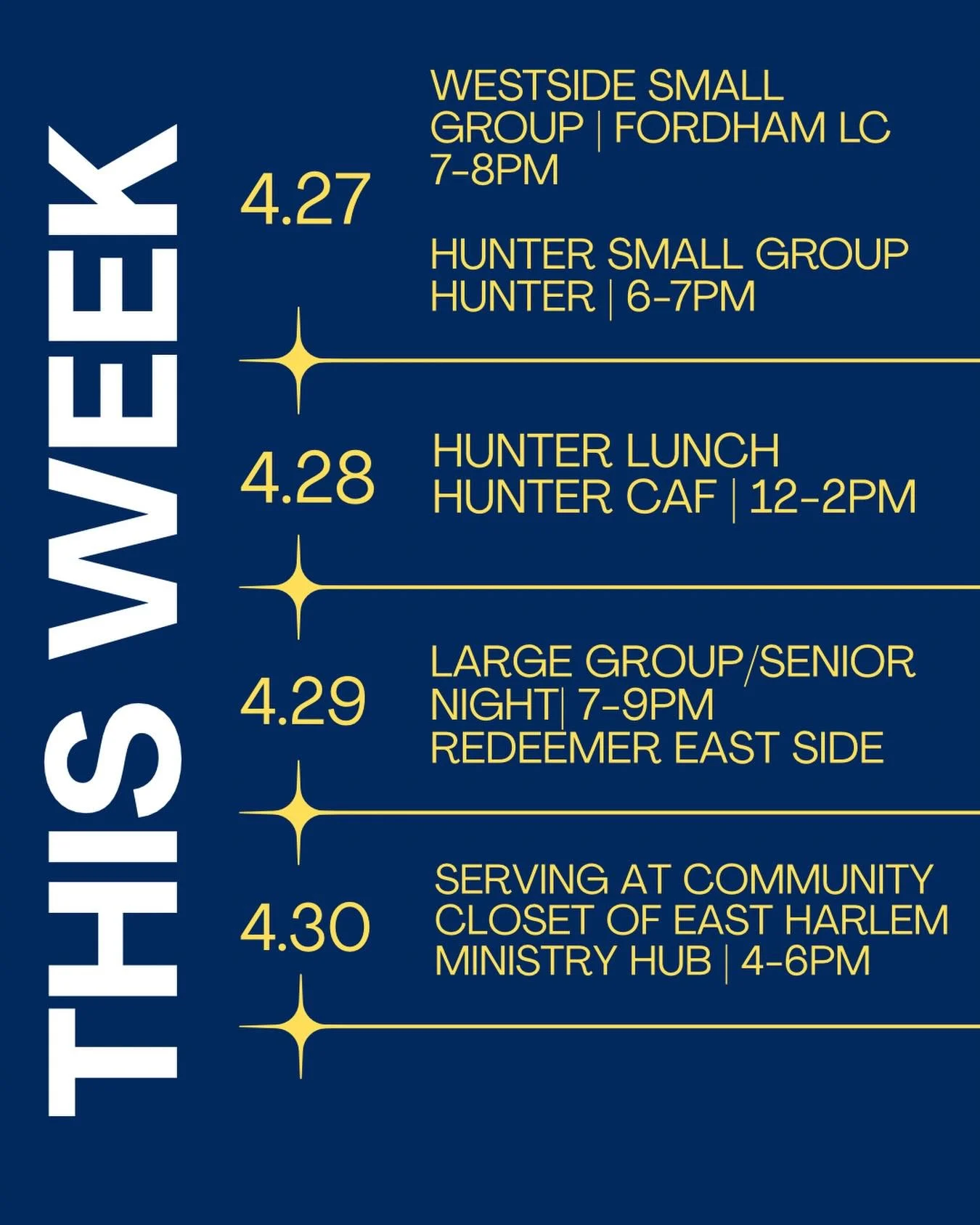 This week in Gotham is jam packed for our end of semester activities! 

Reminder to sign up for large group by tonight and come celebrate our seniors! Join us for our small groups, lunches, and serving at REH Community Closet. See you there! 

#gotha