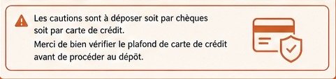 Avertissement concernant le dépôt de caution avec des instructions pour vérifier le plafond de carte de crédit avant dépôt.