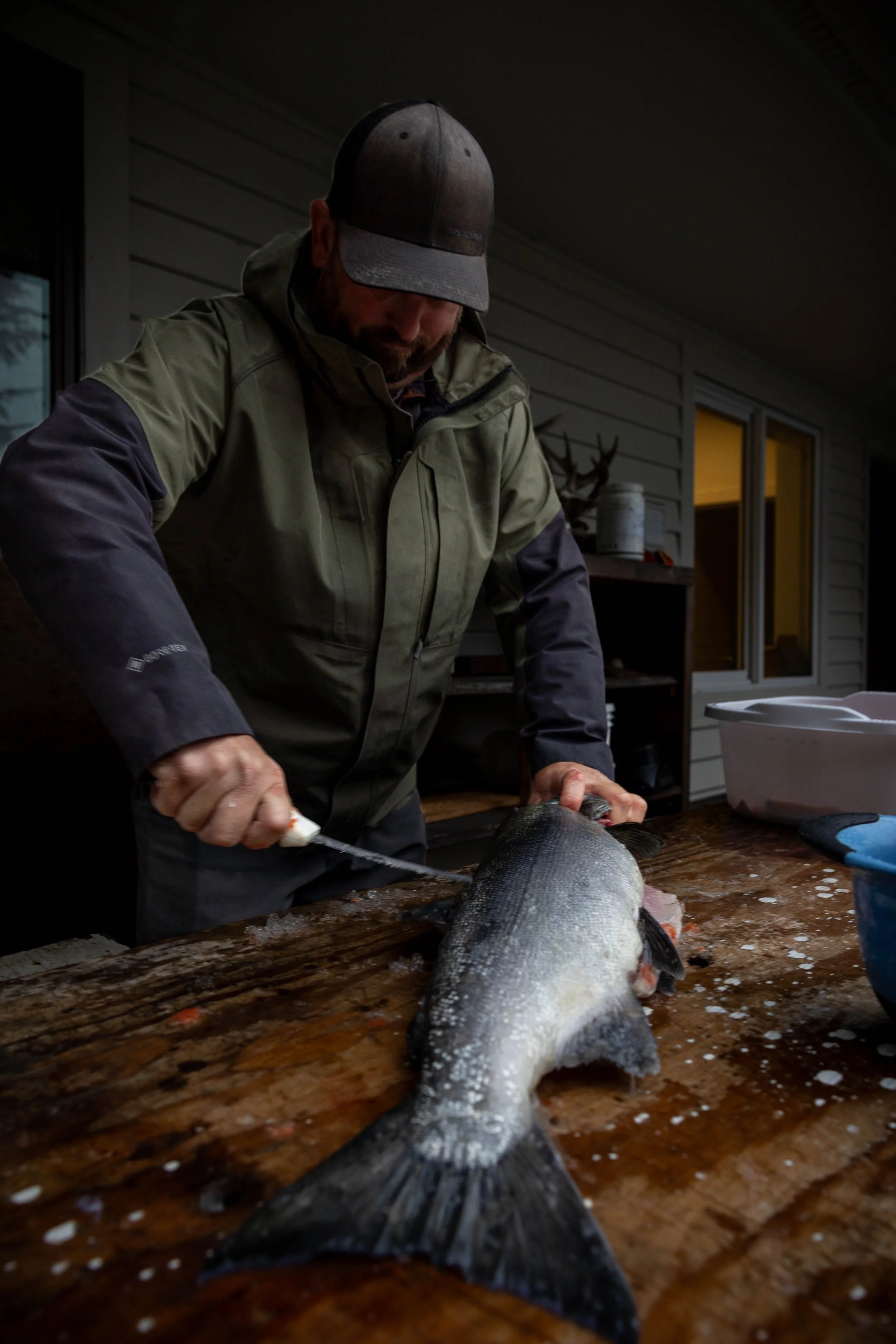 Guide filleting fresh salmon at Chrome Chasers lodge in Wrangell, Alaska