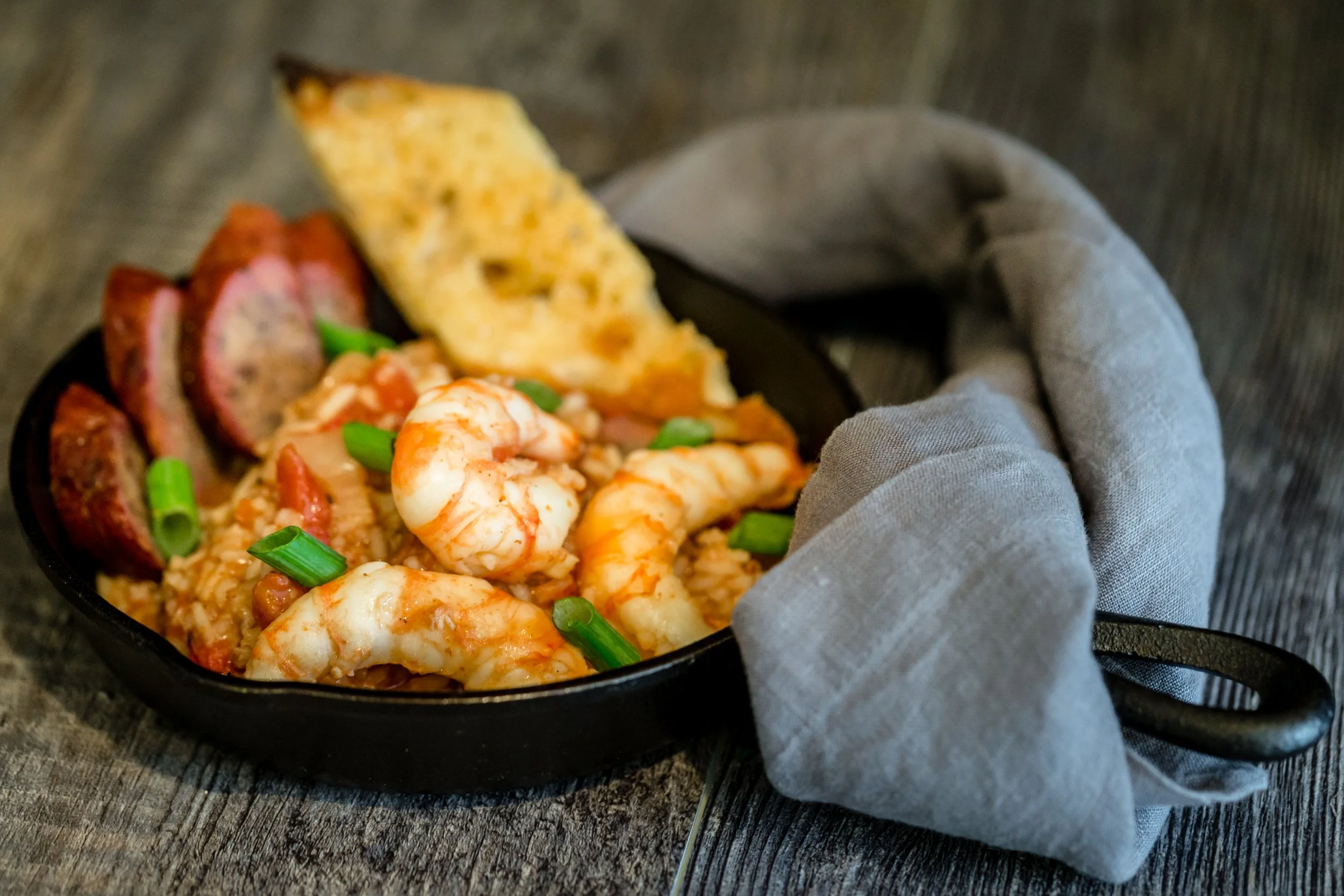 Alaska spot prawn jambalaya served in a cast iron skillet at Chrome Chasers lodge in Wrangell, made from prawns pulled from the Tongass waters that week