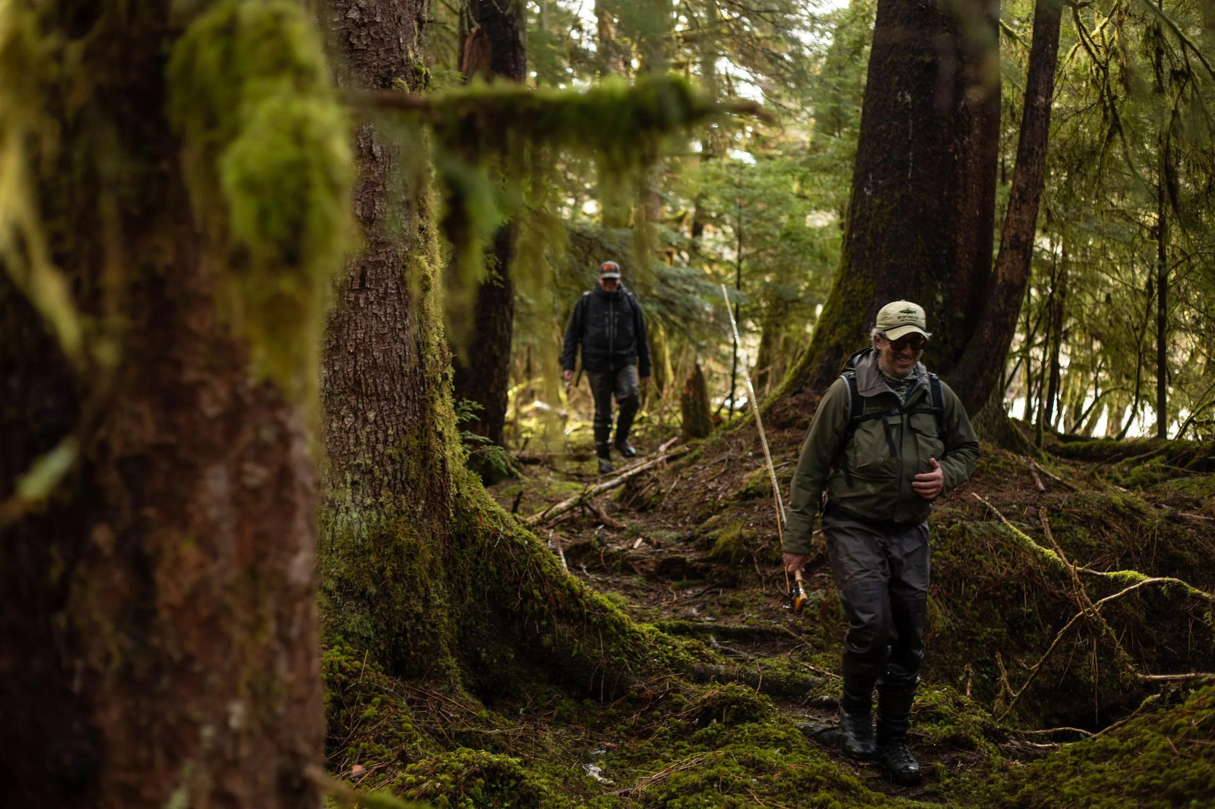 Angler hiking through old-growth Tongass National Forest near Wrangell, Alaska