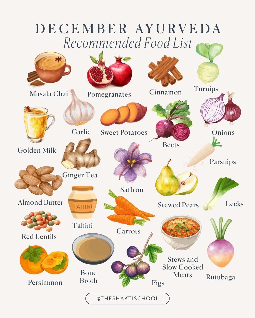 In December, the northern hemisphere enters deep Vata season: the air is cold, dry and windy so Ayurveda recommends foods that warm, moisten and ground the body to maintain balance. These choices strengthen agni, support immunity and help the nervous