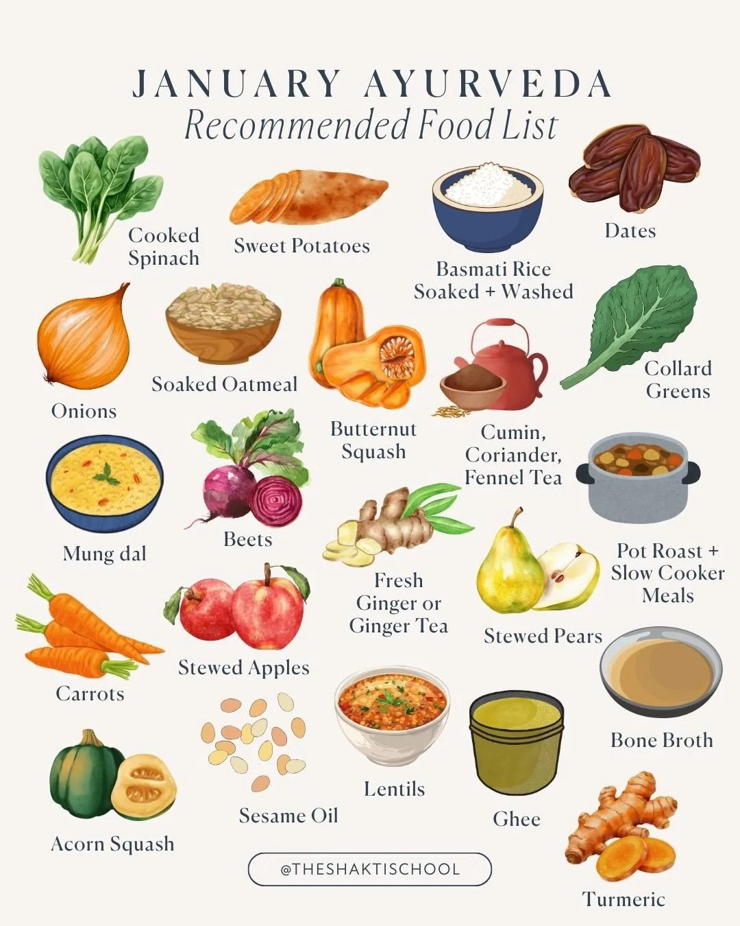 ​​In Ayurveda, January in the Northern Hemisphere is cold, dry, heavy and inward-pulling, a time when Vata qualities dominate in both nature and the body. Kapha qualities begin to accumulate in the second half of winter. To stay balanced, Ayurveda em