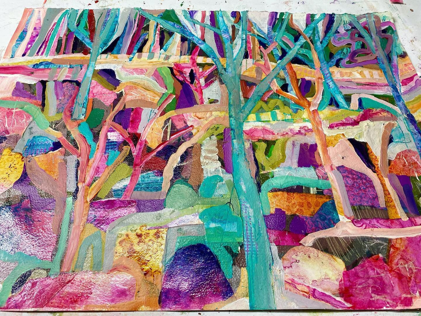 This piece is currently a work in progress. To be honest I&rsquo;m feeling a little lost with this one from a composition point of view but loving the colours. Inspiration was a magical walk in The Minnamurra Rain Forest. @sharonblairart
