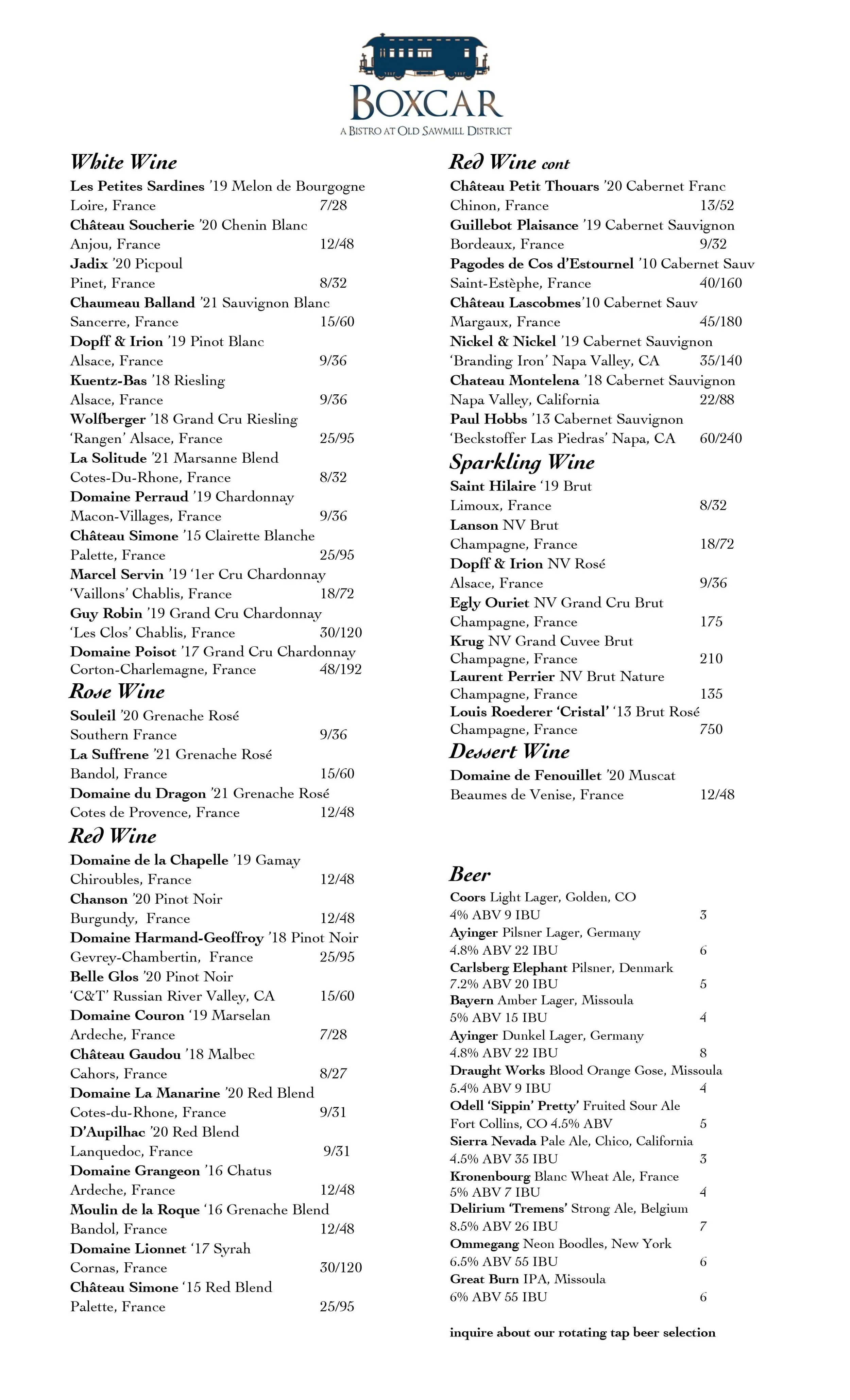 Menu — Boxcar Bistro