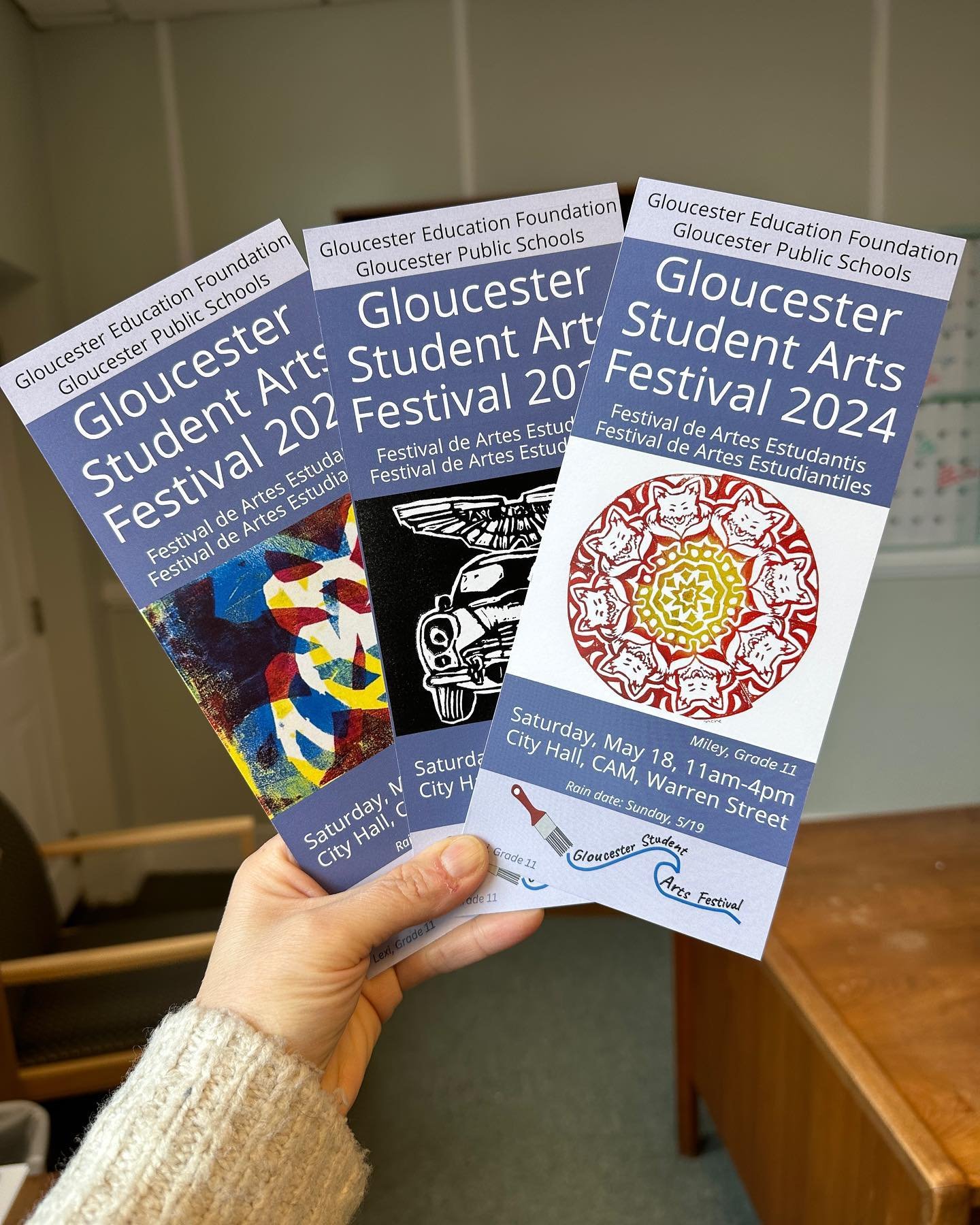 Nothing brightens a gloomy day like the arrival of the 2024 Gloucester Student Arts Festival promotional materials! Cards, posters, and light post banners all arrived today, featuring gorgeous student artwork and photographs celebrating creativity in