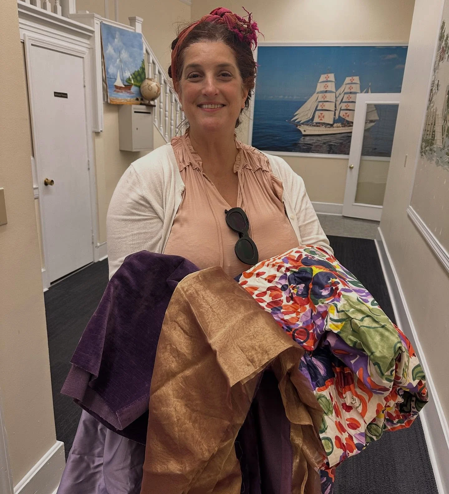 Yesterday West Parish art teacher Lauren Grace stopped by the GEF office to pick up some donated fabric for 5th grade play costumes. She was extra excited about the purple velvet!
The play was just announced yesterday to students…any guesses