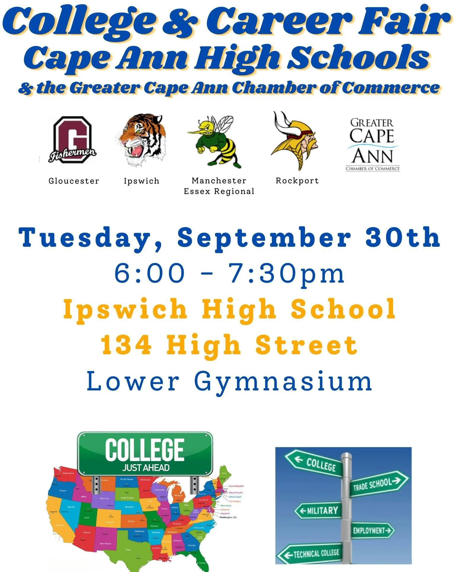 📣Calling all Gloucester High School families!📣
The annual Cape Ann College & Career Fair is Tuesday 9/30 at Ipswich High School!