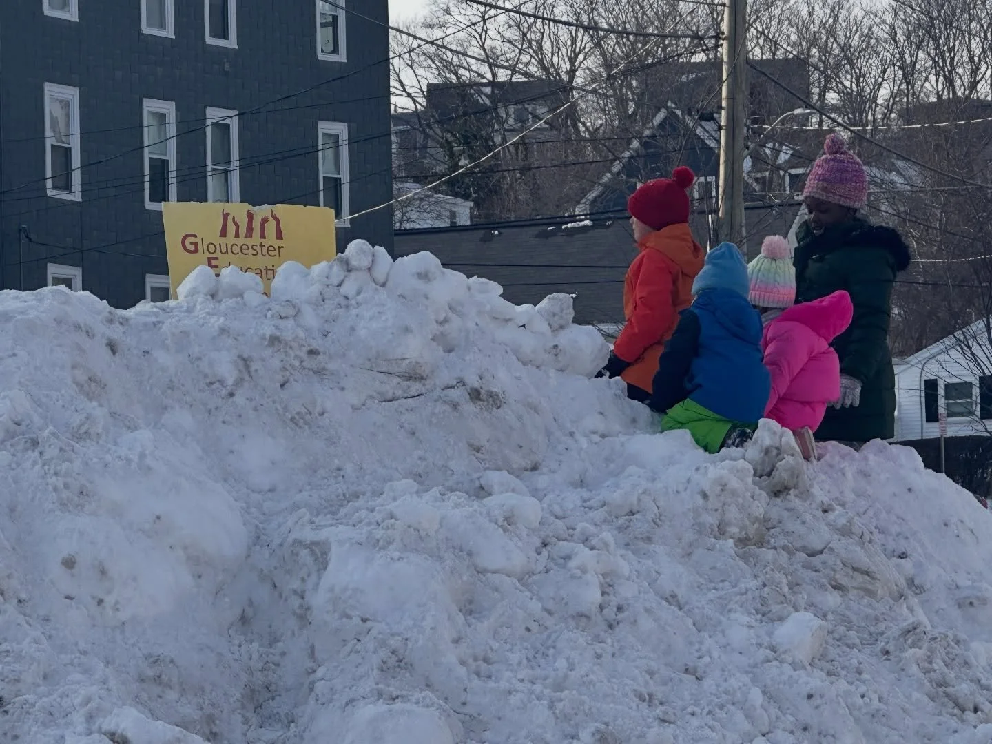 These EVS snow bunnies excavated the school&rsquo;s GEF sign and placed it on top of their giant snow pile! Love it. Thanks, kids. 🦈 💙 🦈