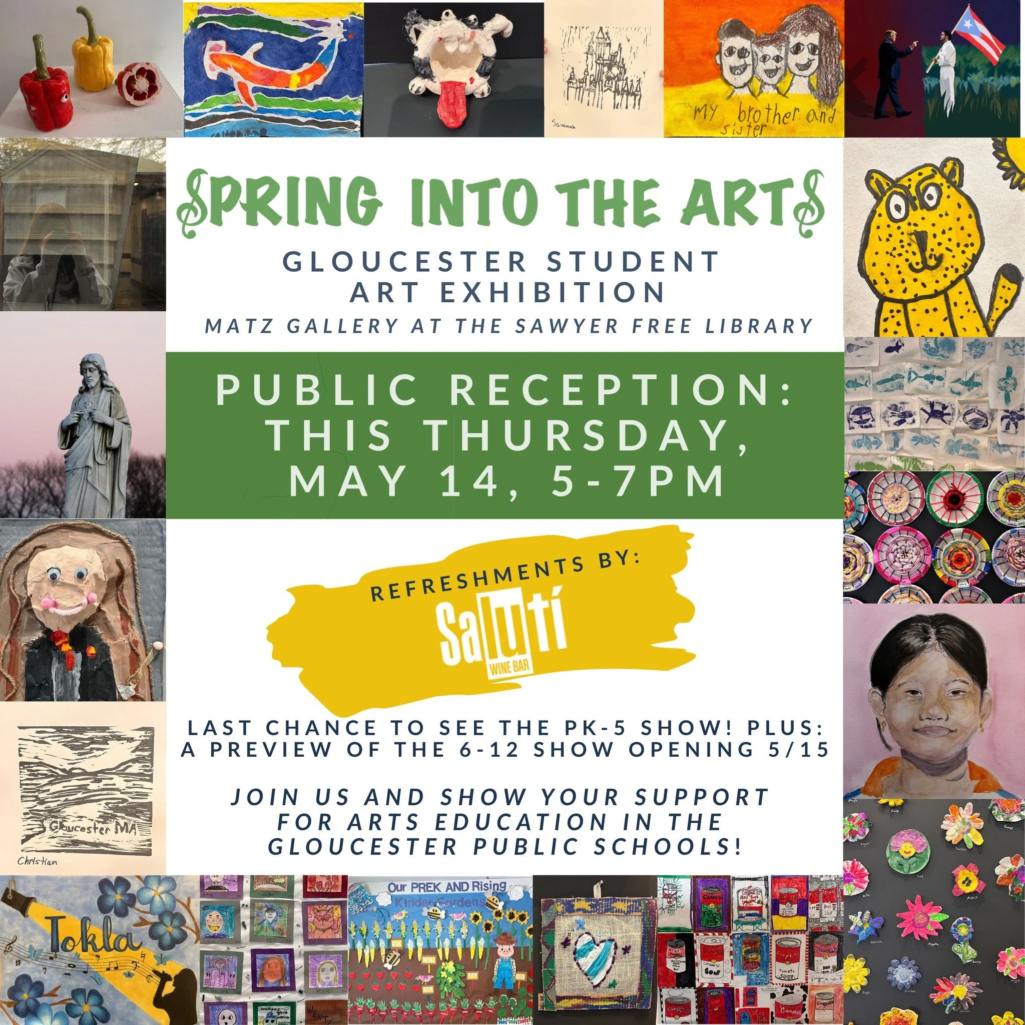 You won't want to miss this - see you tomorrow evening at the @sawyerfreelibrary  to celebrate student art! Bonus: snacks from @salutiwinebar.