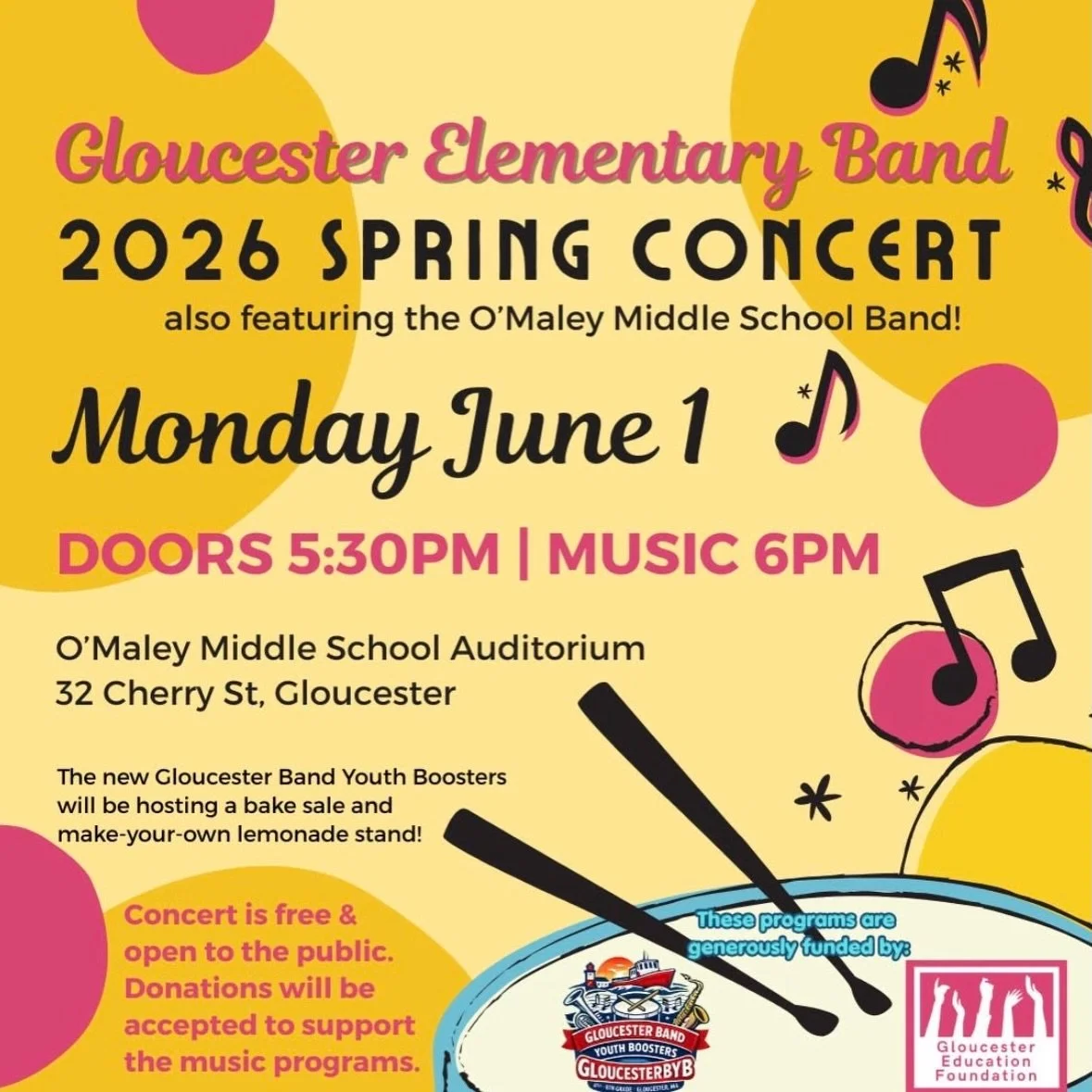 June is here, and Spring into the Arts marches on! Up first: tonight&rsquo;s Elementary band concert at O&rsquo;Maley, featuring middle school musicians and a lemonade stand/bake sale from the Gloucester Band Youth Boosters! Proceeds will help suppor