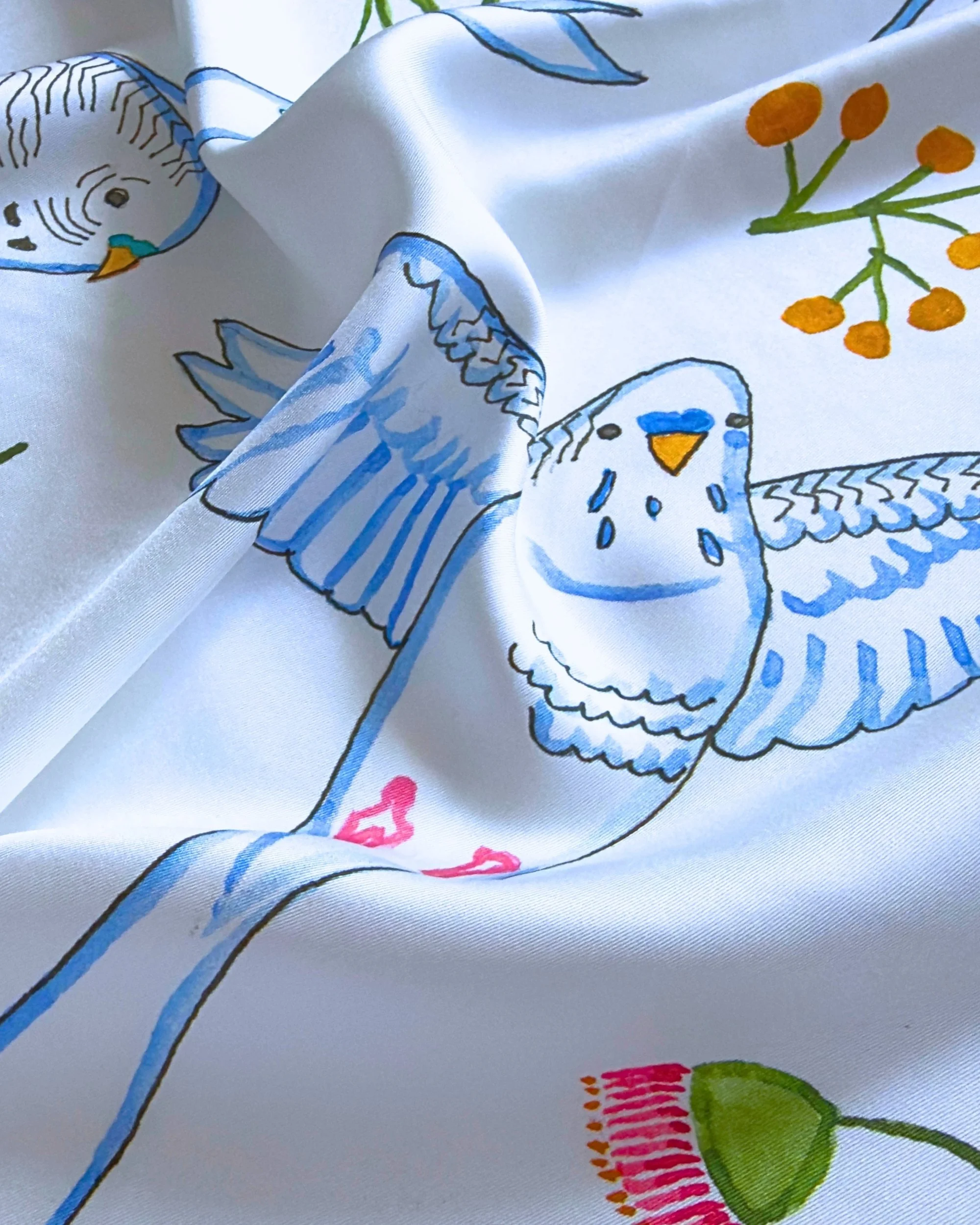 NEW Budgerigar and Floral Silk Scarf