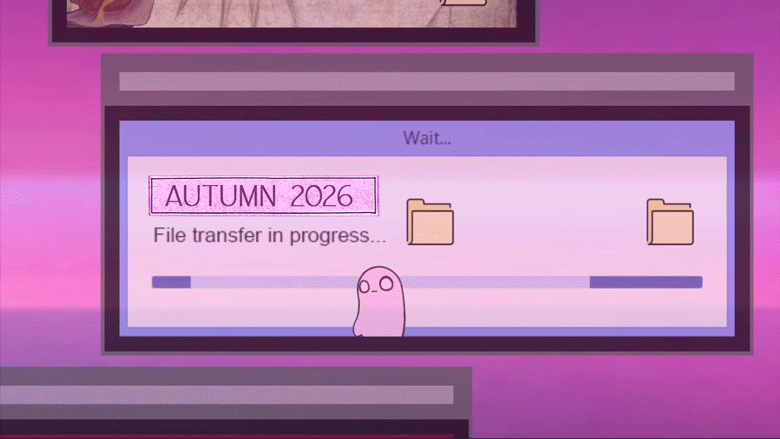 Little Ghost standing in front of a highly stylized Loading bar that reads "Wait... AUTUMN 2026 File transder in progress...". The vibe is somehow both paper shadowboxes and 90s windows PC at the same time. GIF animated image