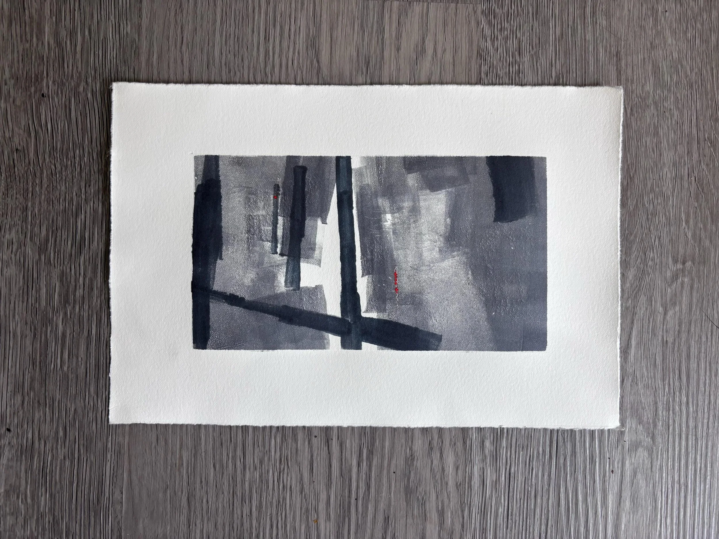 My current body of work weaves between printmaking and painting: one informs the other, which in turn re-informs. The current monotype printmaking sessions in the studio yielded a few pieces that I learned from but didn&rsquo;t qualify for me as succ