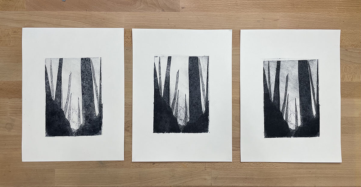"Tiger Mountain: A Day" -- this is a two-plate collograph in which the background trees are on one plate and inked and printed separately from the foreground trees on another plate. In this way I was able to experiment with ghost printing for differe