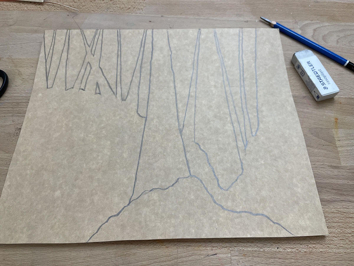 A plate in the making. Like my paintings, each of the landscapes in my plates are invented, but come directly from my time spent in the local forest trails of the Cascade foothills.