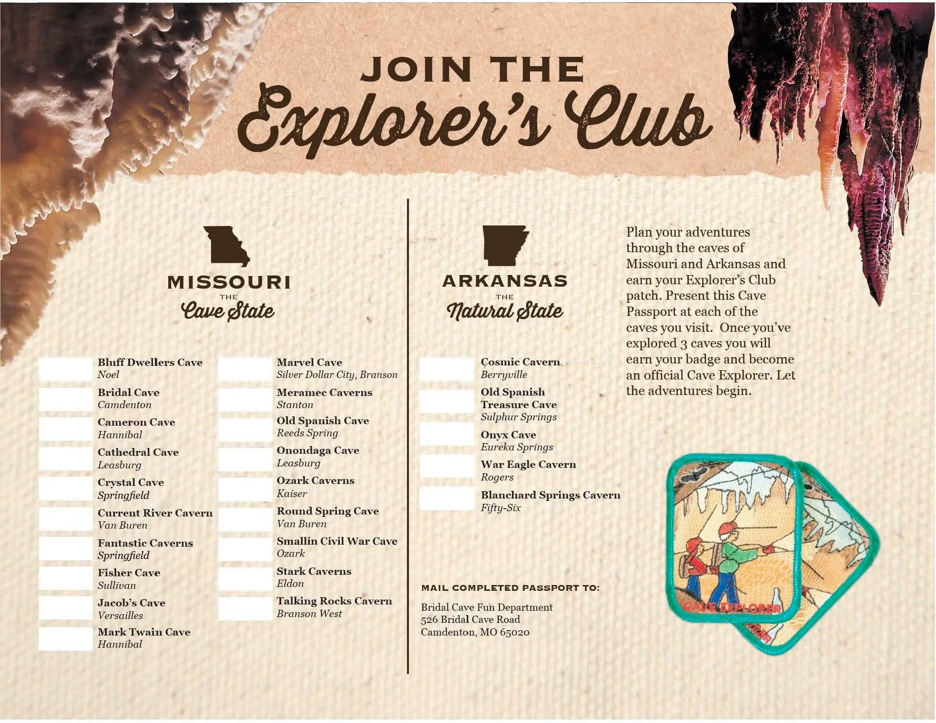 Explore Missouri's Caves - Cave Passport to earn and Explorer's Badge from the Missouri Cave Association