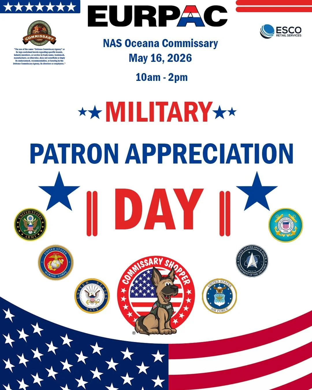 Mark your calendars! 🗓️

The fourth Military Patron Appreciation Day of 2026 is happening on Saturday, May 16 at NAS Oceana Commissary! 🎁🎉 Come for the giveaways, raffles and our Treasure Hunt!

Stay for the FUN! 🥳

@yourcommissary @escoretailser