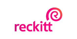 Logo with a pink circular symbol with text below reading 'reckitt' in pink letters.