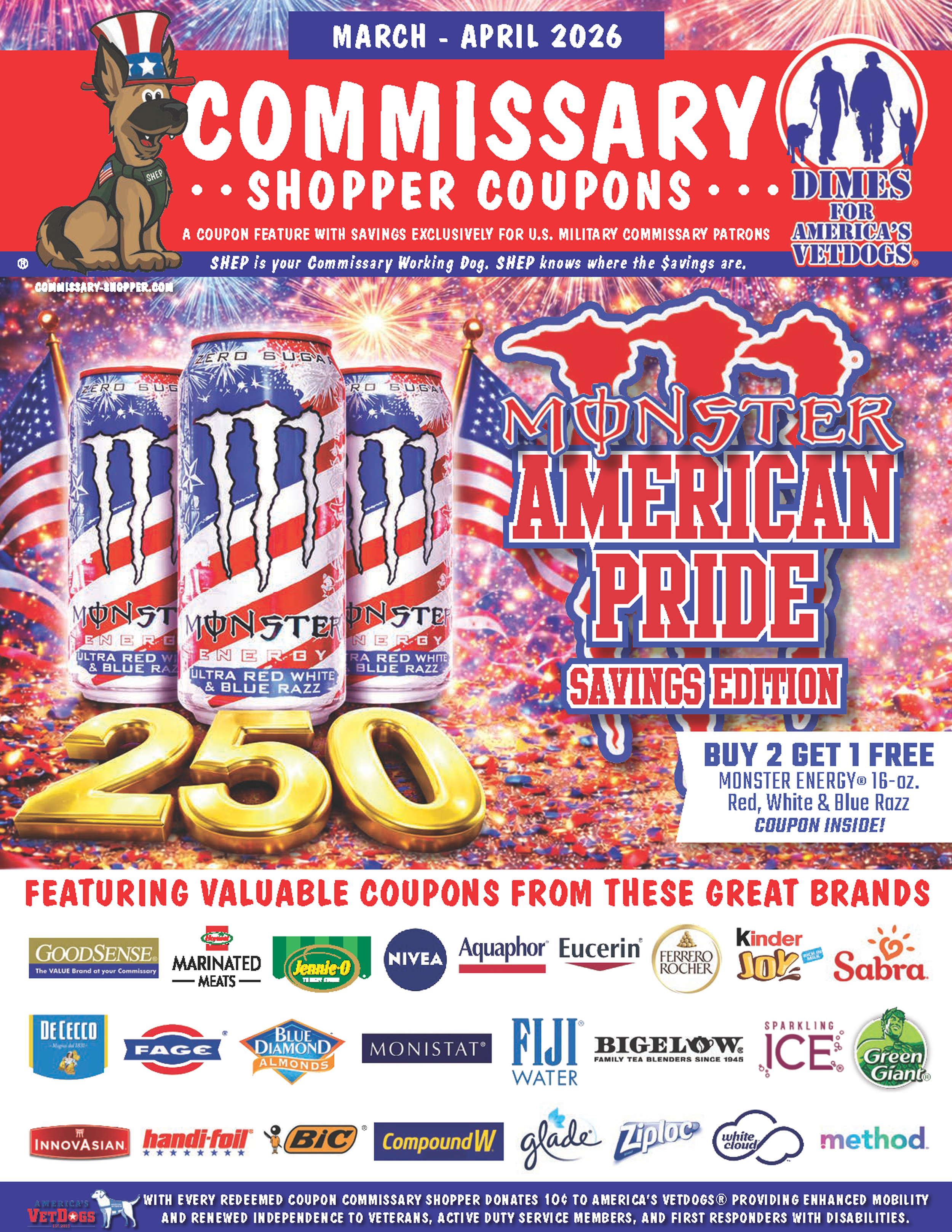 Commissary Shopper March - April Edition cover with Monster Energy celebrating USA 250th with a new flavor.