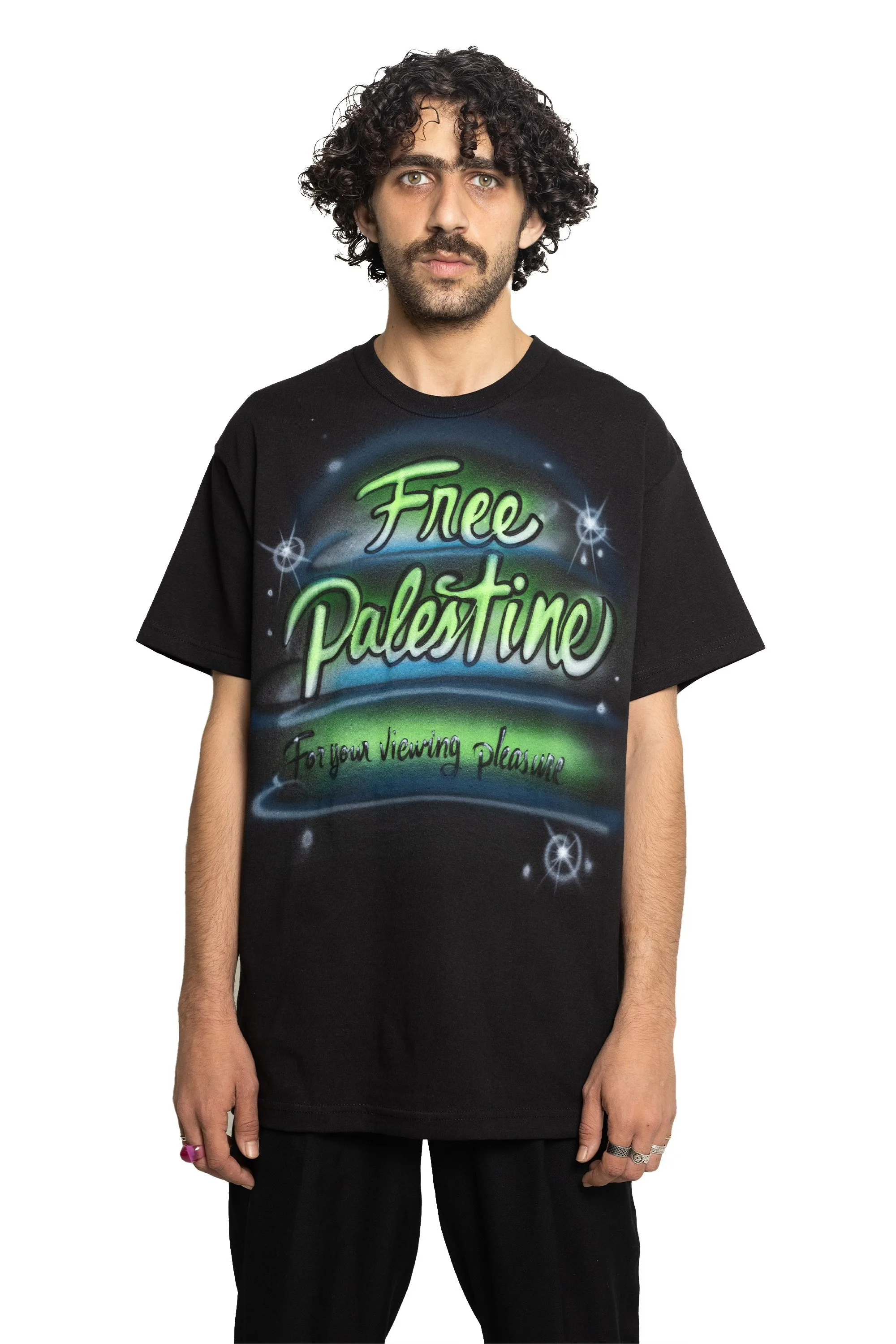 Tayyeb in FYVP Free Palestine airbrush tee.