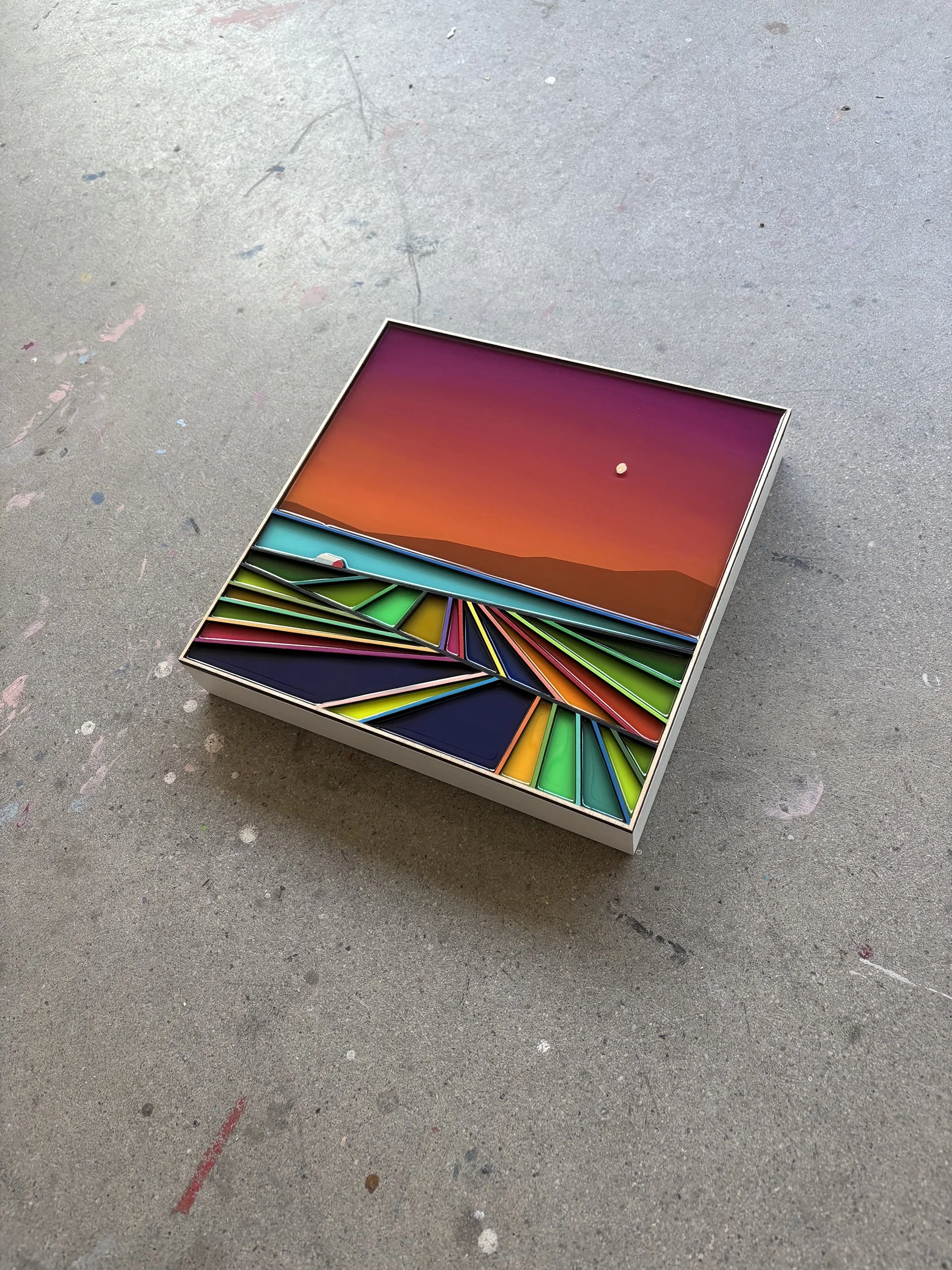 Peinture acrylique, art contemporain, paysage moderne et coloré, sculpture