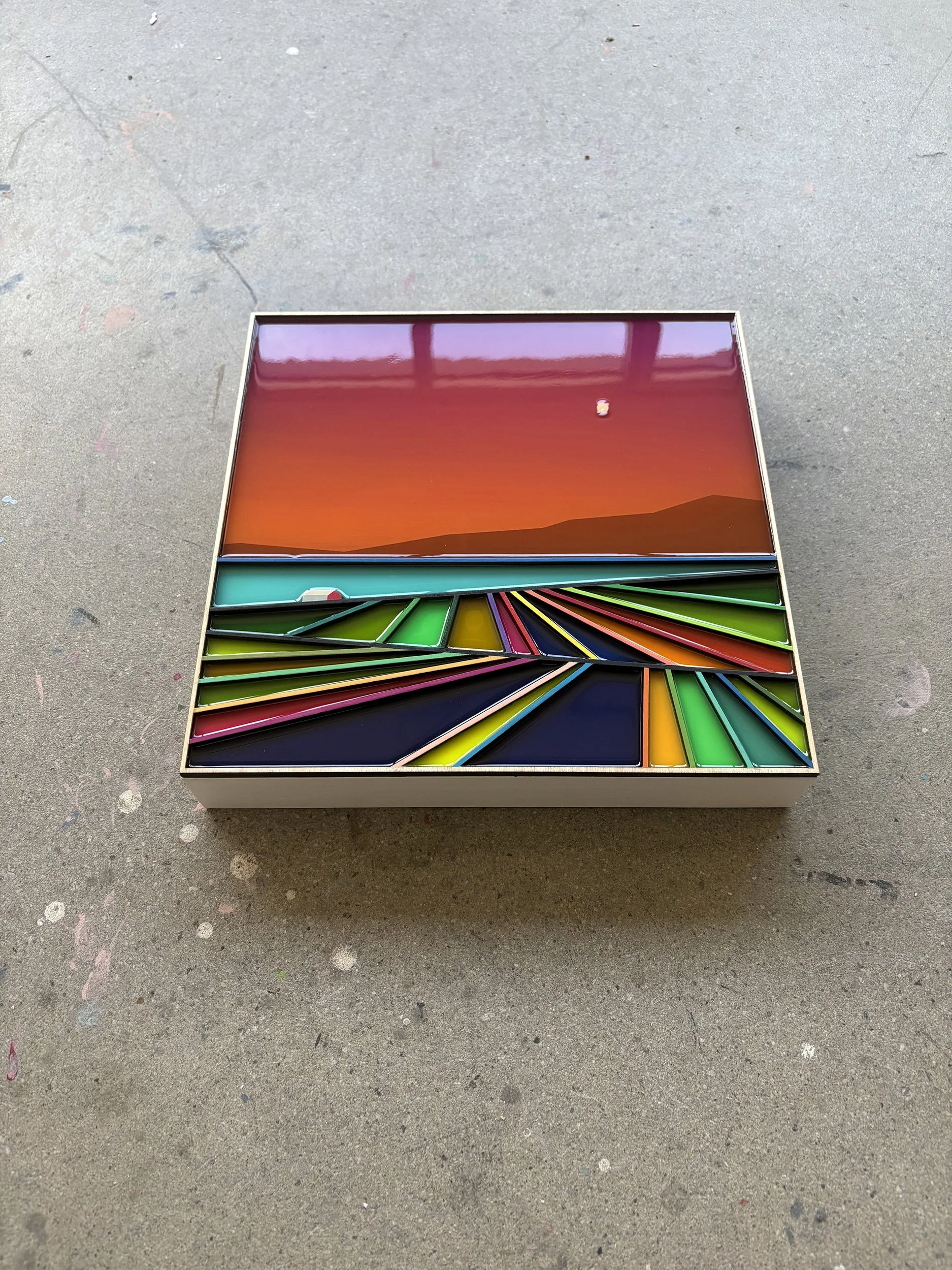 Peinture acrylique, art contemporain, paysage moderne et coloré, sculpture