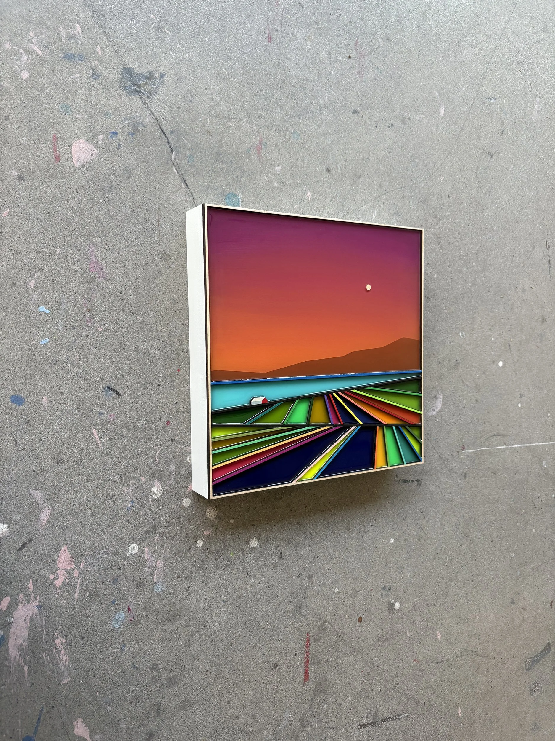 Peinture acrylique, art contemporain, paysage moderne et coloré, sculpture