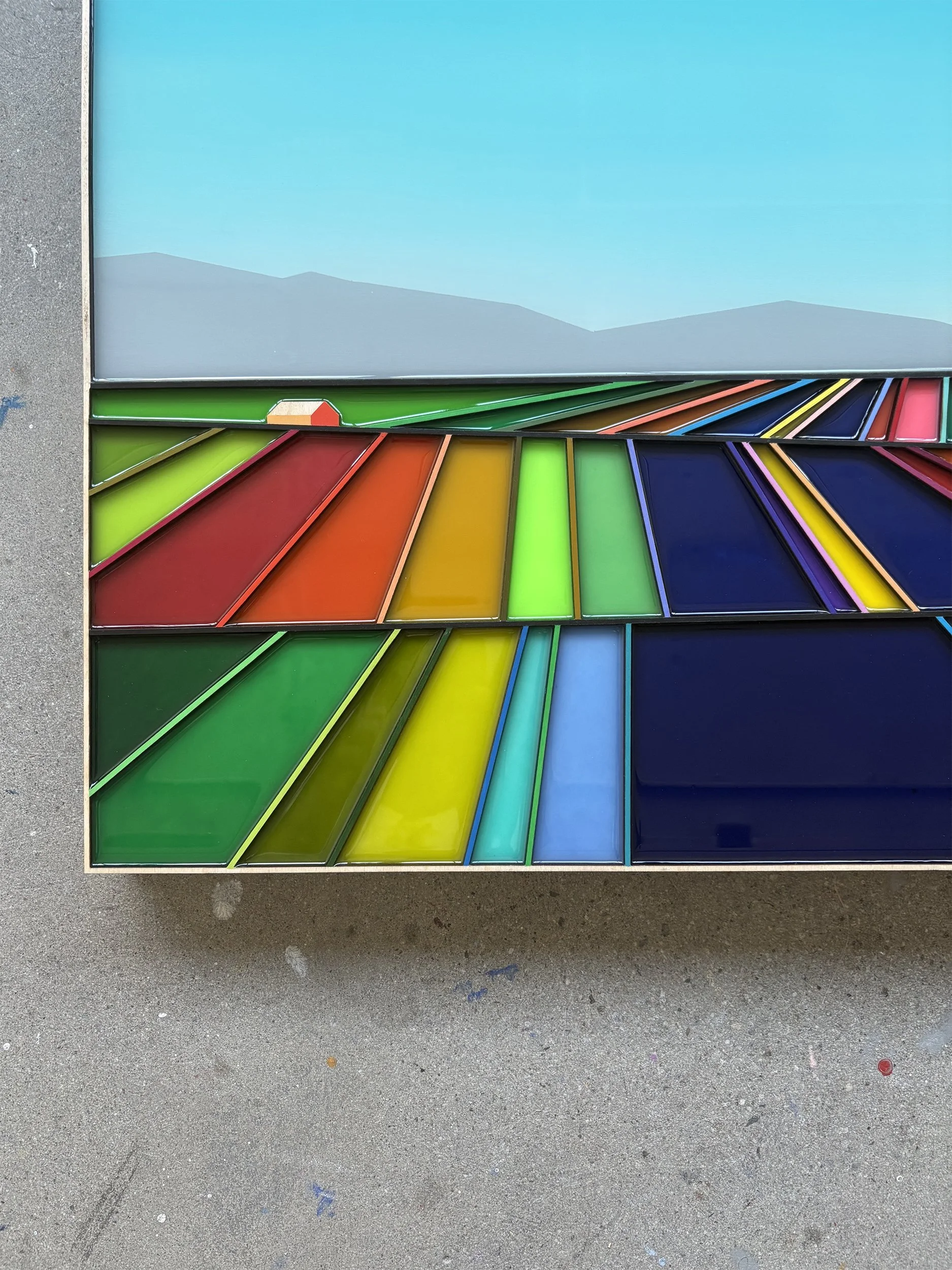 Peinture acrylique, art contemporain, paysage moderne et coloré, sculpture